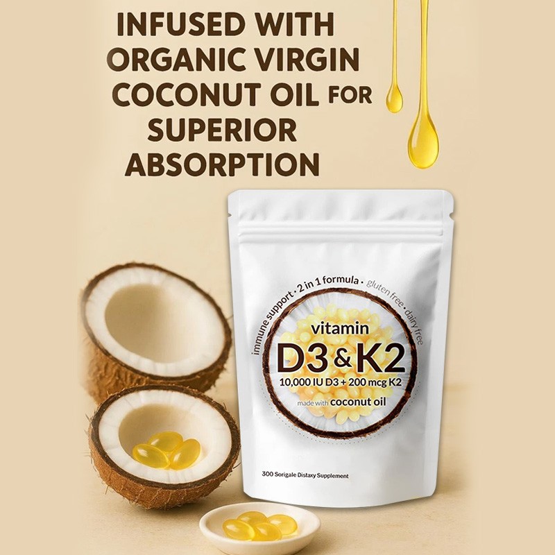 Vitamin D3 10000 iu Plus K2 (MK-7) 200 mcg, 300 Virgin Coconut Oil Softgels
