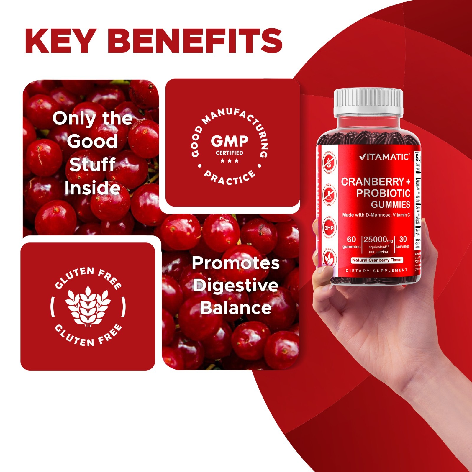 2 Pack – Vitamatic Vegan Cranberry Gummies, 1000mg per Serving 60 Count