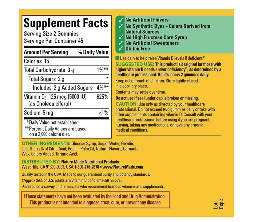 2 PACK Extra Strength Vitamin D3 5000 IU (125 Mcg) per Serving Gummies, 90 Count