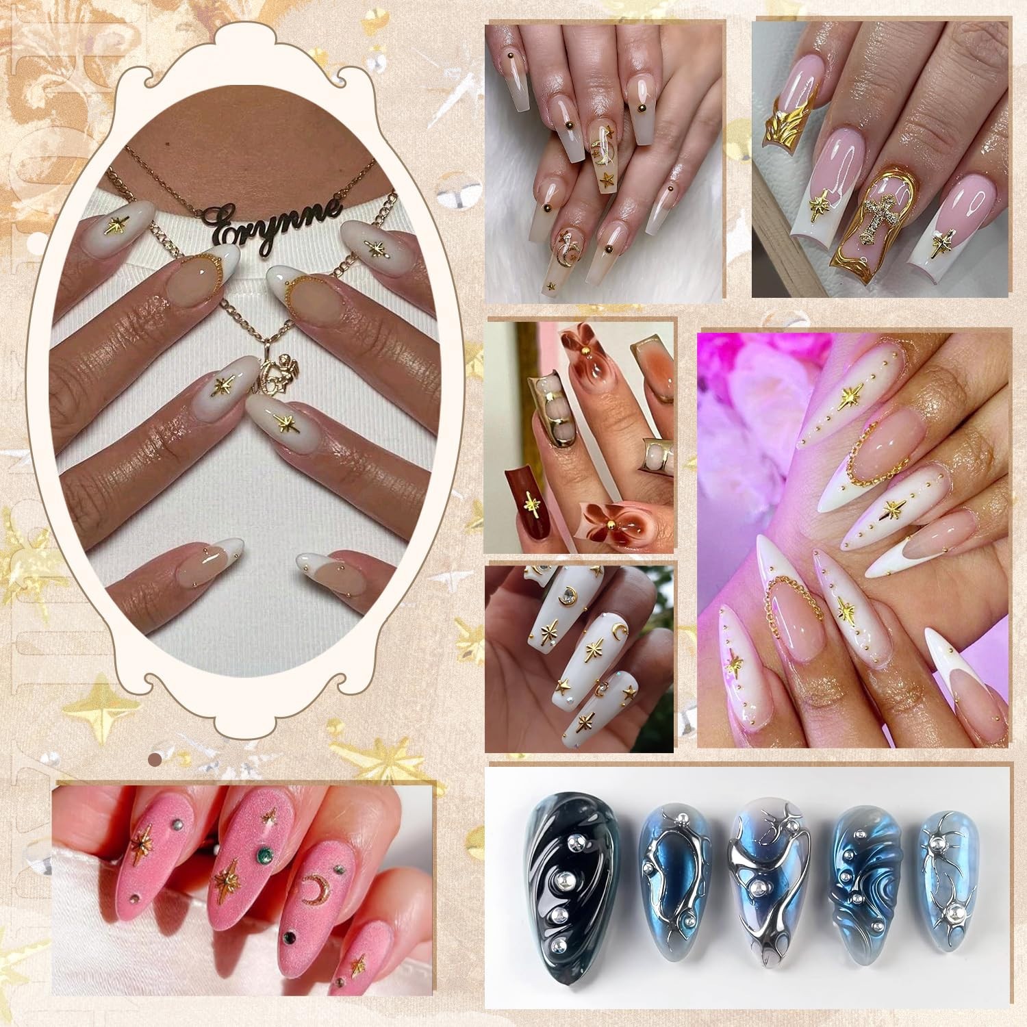 2640Pcs 3D Nail Charms Gold Silver Star Gems Rhinestones Set
