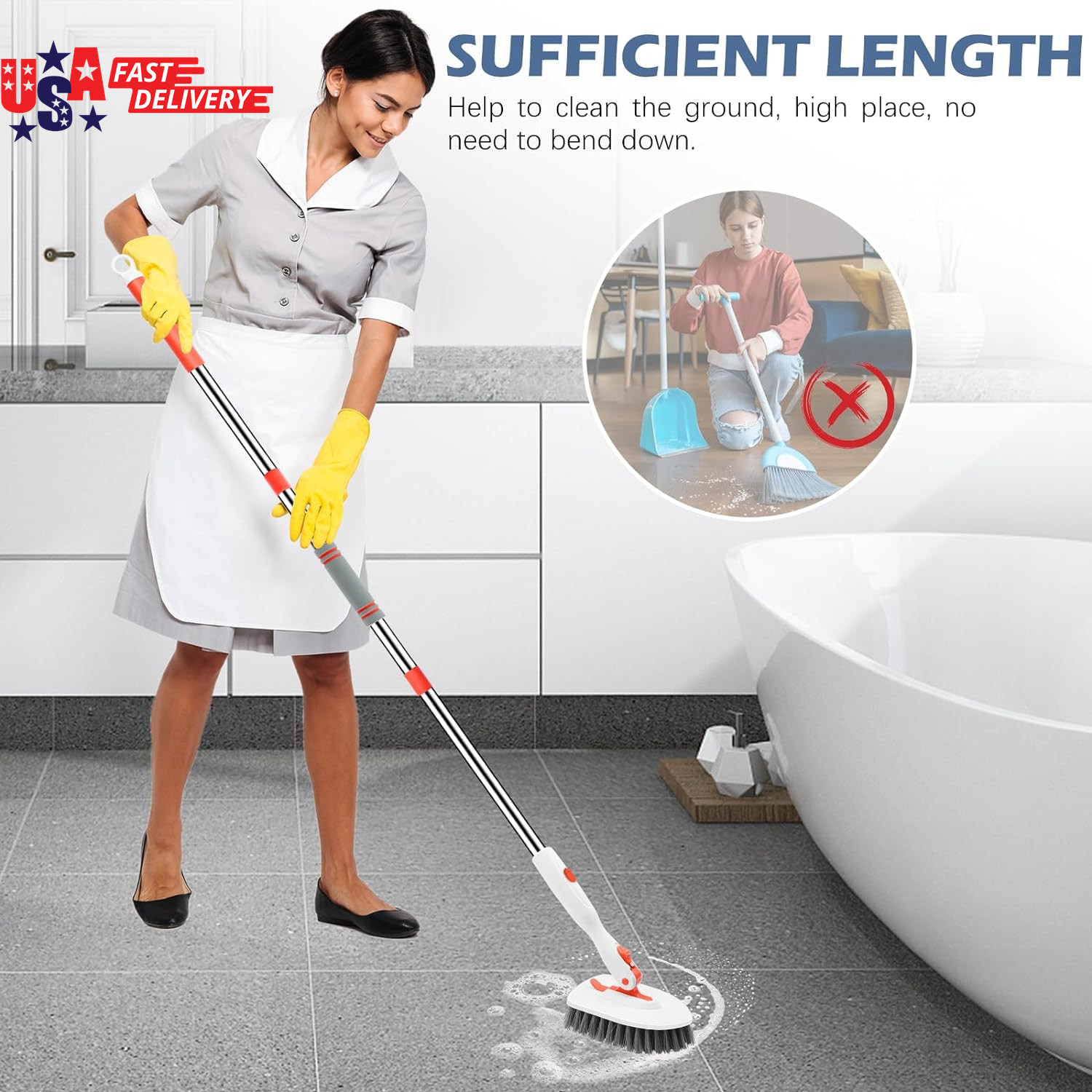 Tile Tub Scrubber Brush 3-In-1 Shower Scrubber with 52-Inch Adjustable Long Hand