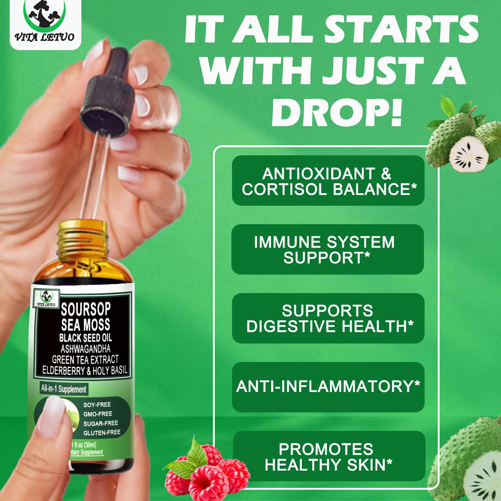 Soursop Drops,Soursop Bitters Liquid with Sea Moss Black Seed Oil Green Tea Extr