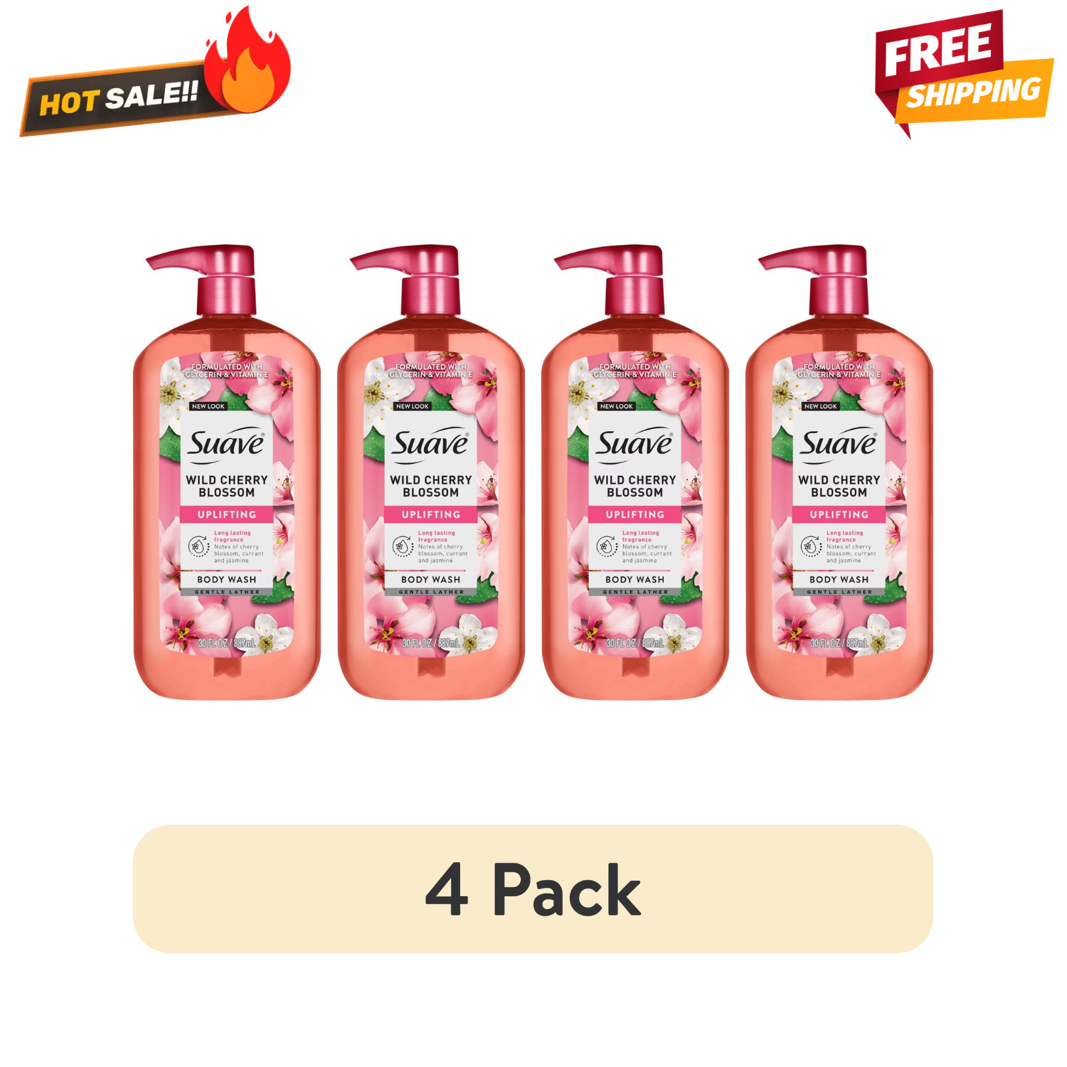 4 Pack Suave Moisturizing Body Wash Wild Cherry Blossom 30 Fl Oz
