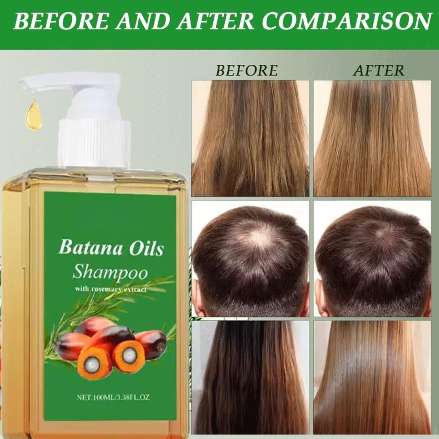 2Pcs Batana Oil Shampoo, Rosemary Oil Shampoo, 100% Batana Oil with Rosemary Ext