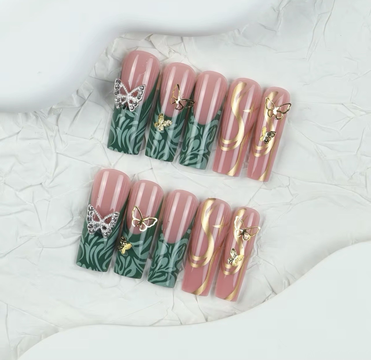 Long Square Press-On Nails Green Pink Gold 3D Butterfly Self-Adhesive Set