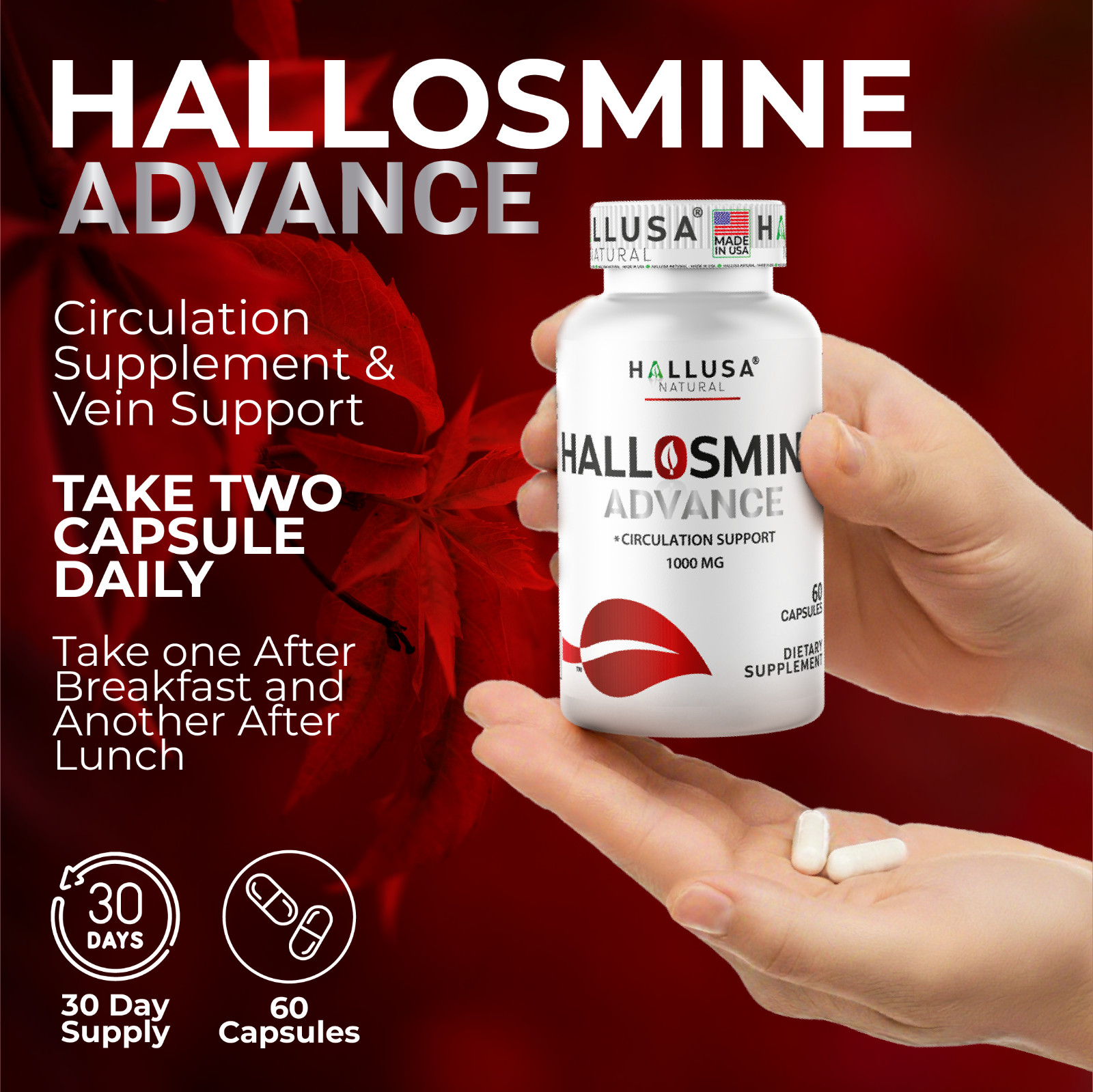 Hallosmine ADVANCE Diosmin 1000mg + FREE Cream for Veins 4 oz – 60 Capsules