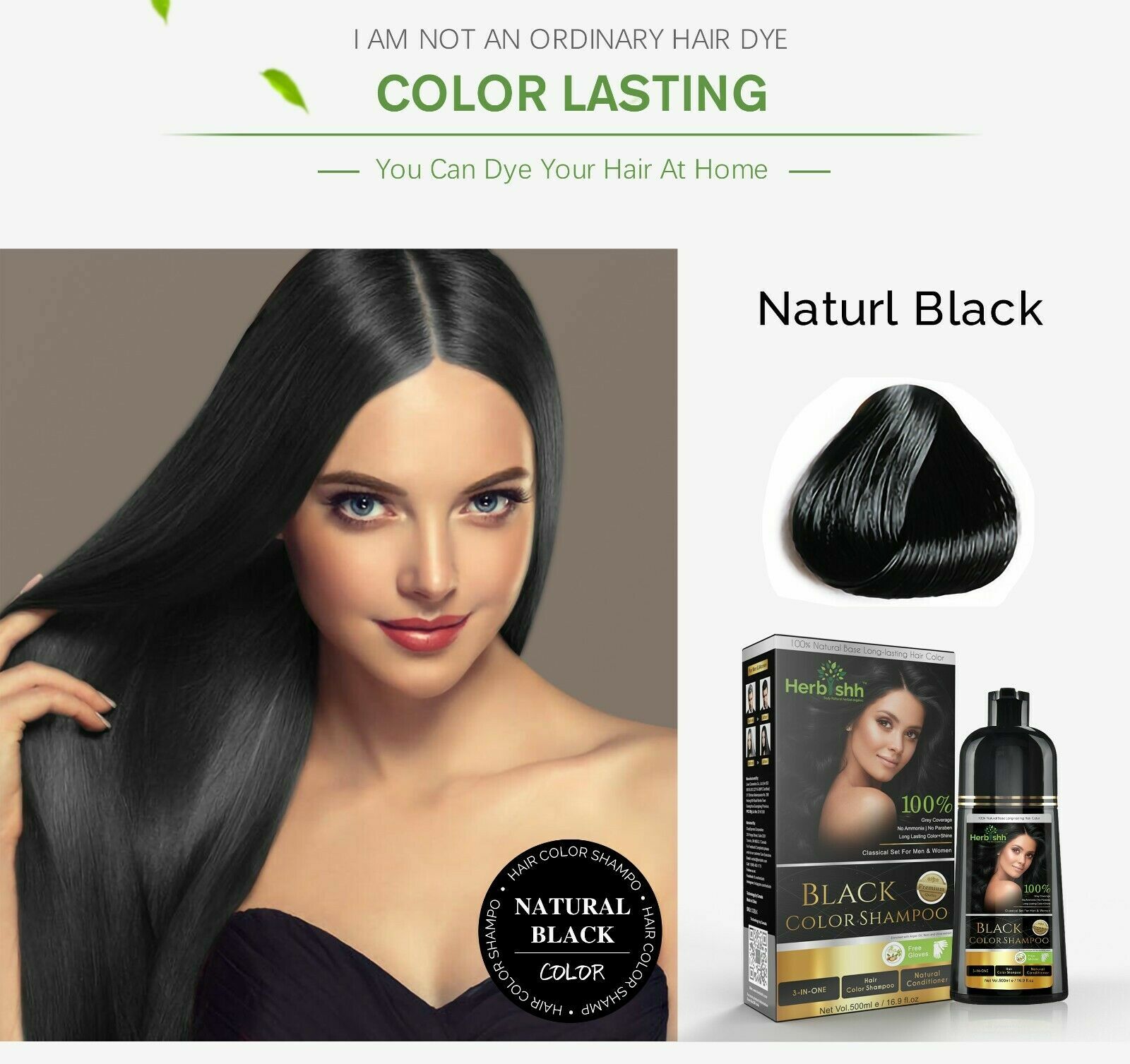 2PCS AMMONIA FREE HERBISHH HAIR COLOR SHAMPOO HAIR DYE -BLACK