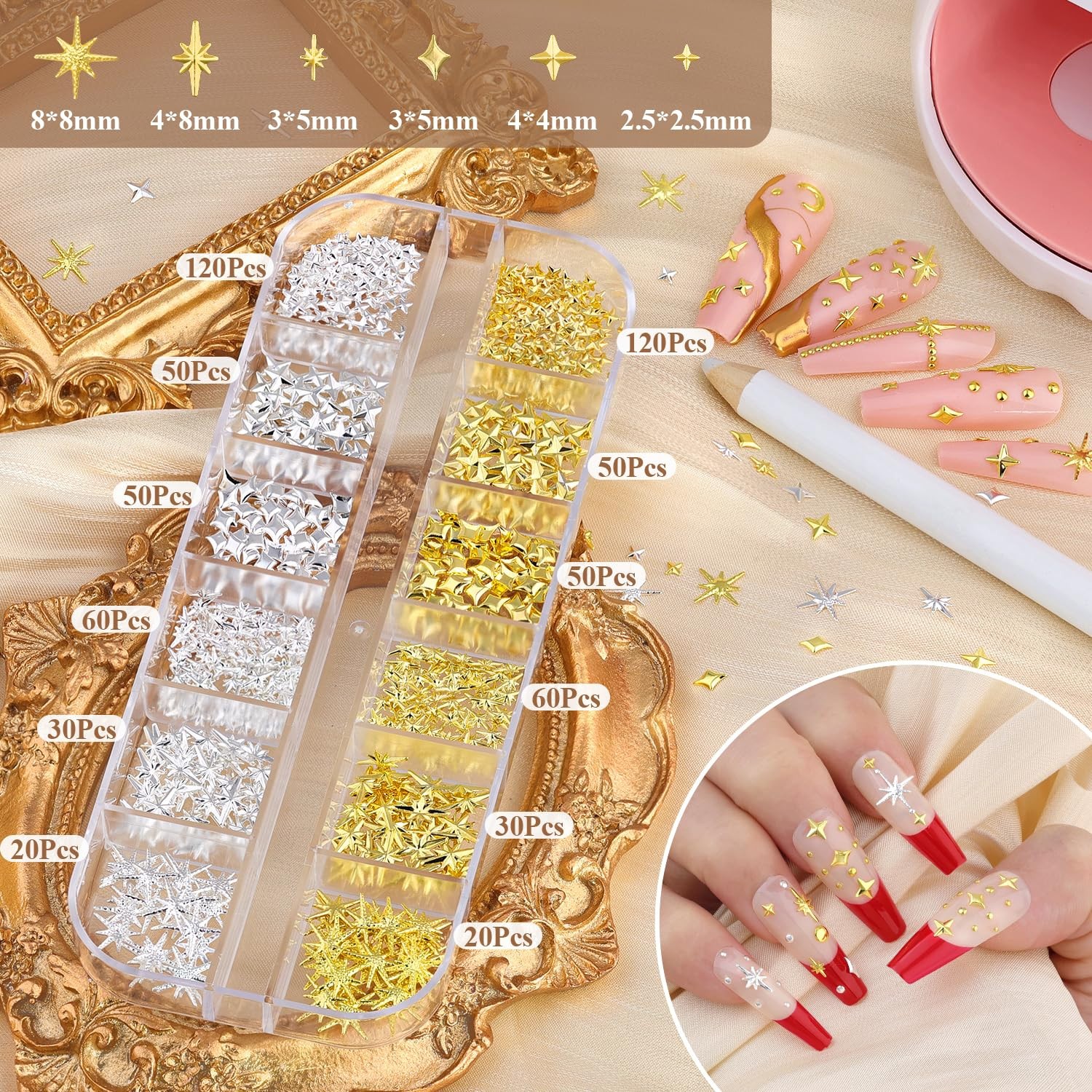 2640Pcs 3D Nail Charms Gold Silver Star Gems Rhinestones Set