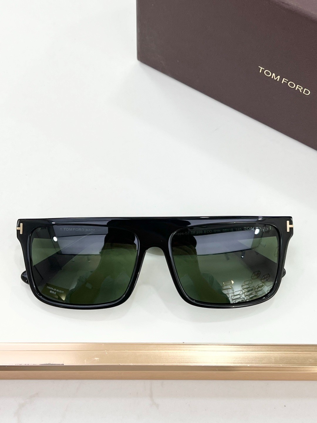 Tom Ford TF999 Gloss Black 58-16-145 Dark Green Lens Square Sunglasses New