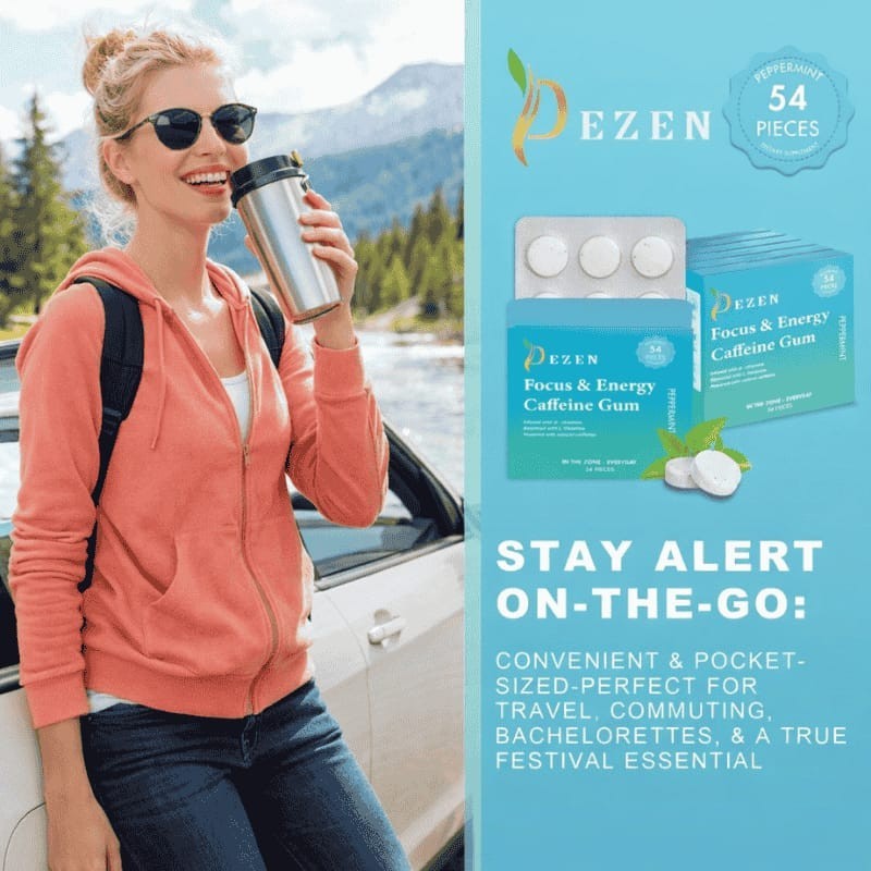 DEZEN Caffeine Gum 54 Pcs Peppermint Energy Mint Focus Boost