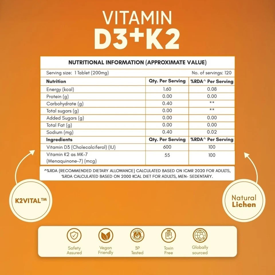 Vitamin D3 K2(MK-7) from Balchem, USA | For Bone Strength, Heart Health,Immunity