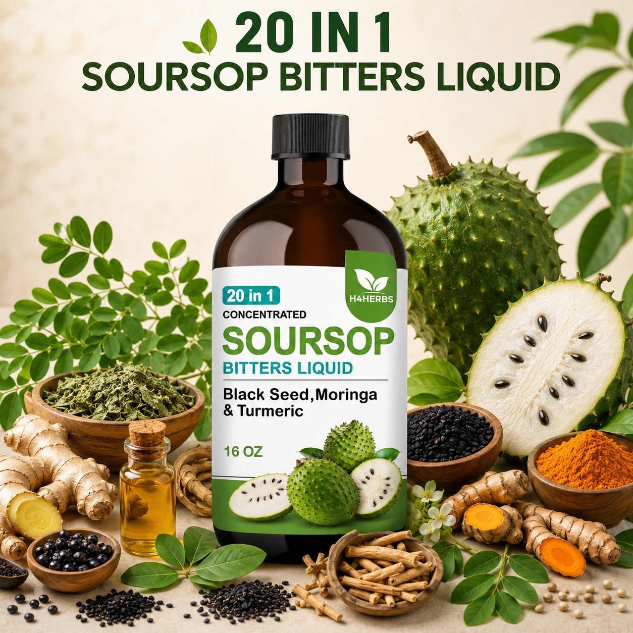 Soursop Bitters Liquid 20-in-1 Herbal Blend Vegan Sugar Free 16 oz – Pack of 2