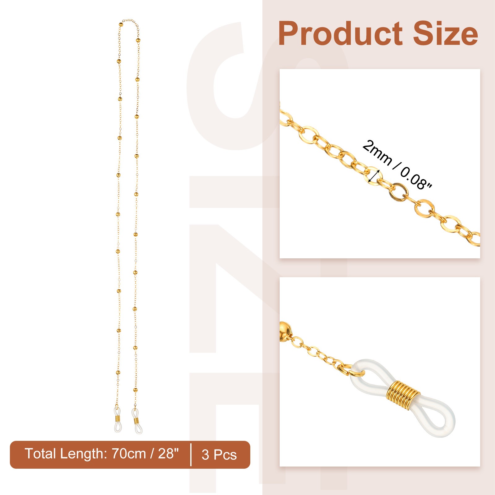 Eye Glasses Holders Around Neck, Gold Metal Beads Glasses Chain, 3 Pcs
