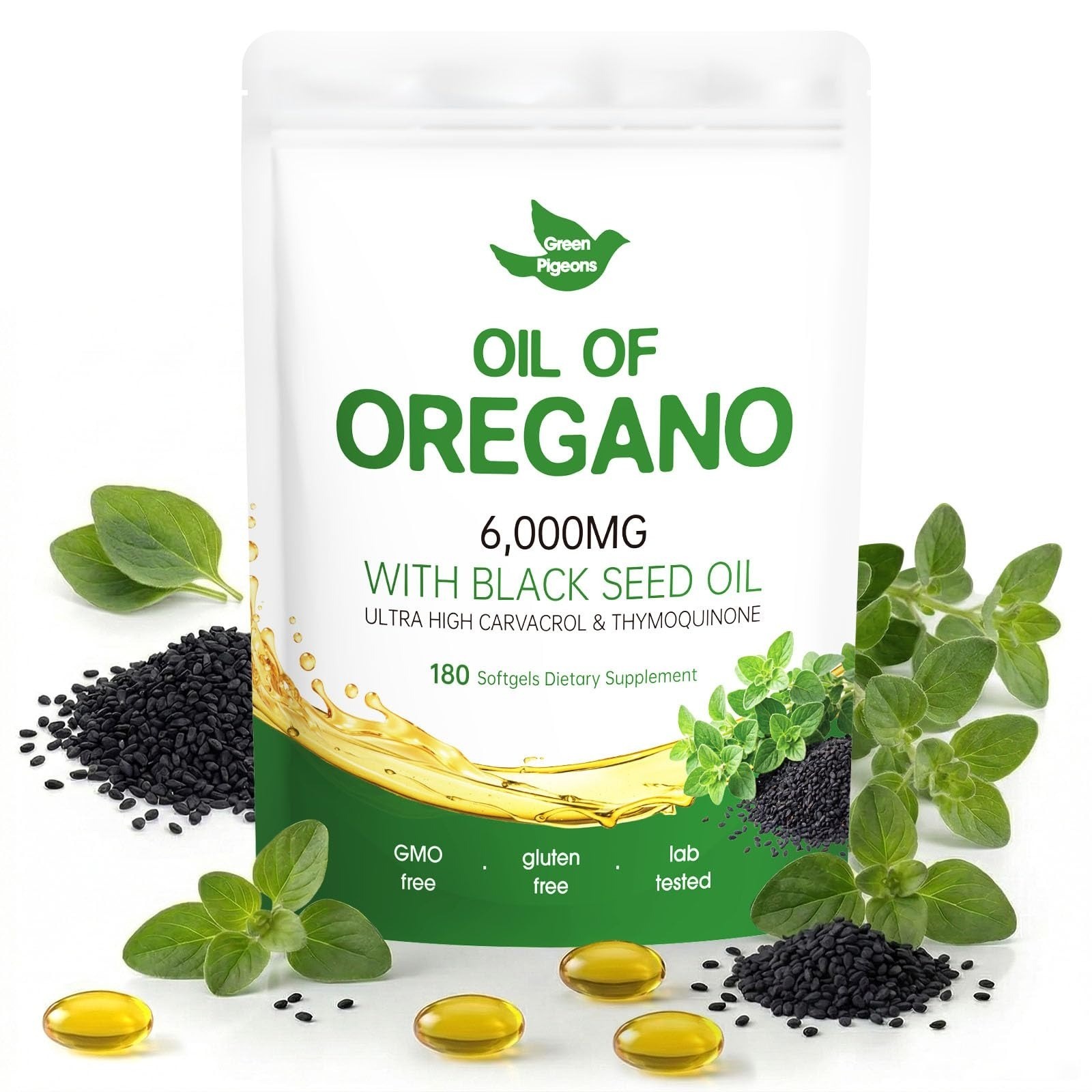 Green Pigeons Oil of Oregano with Black Seed Oil, 180 Count Capsules