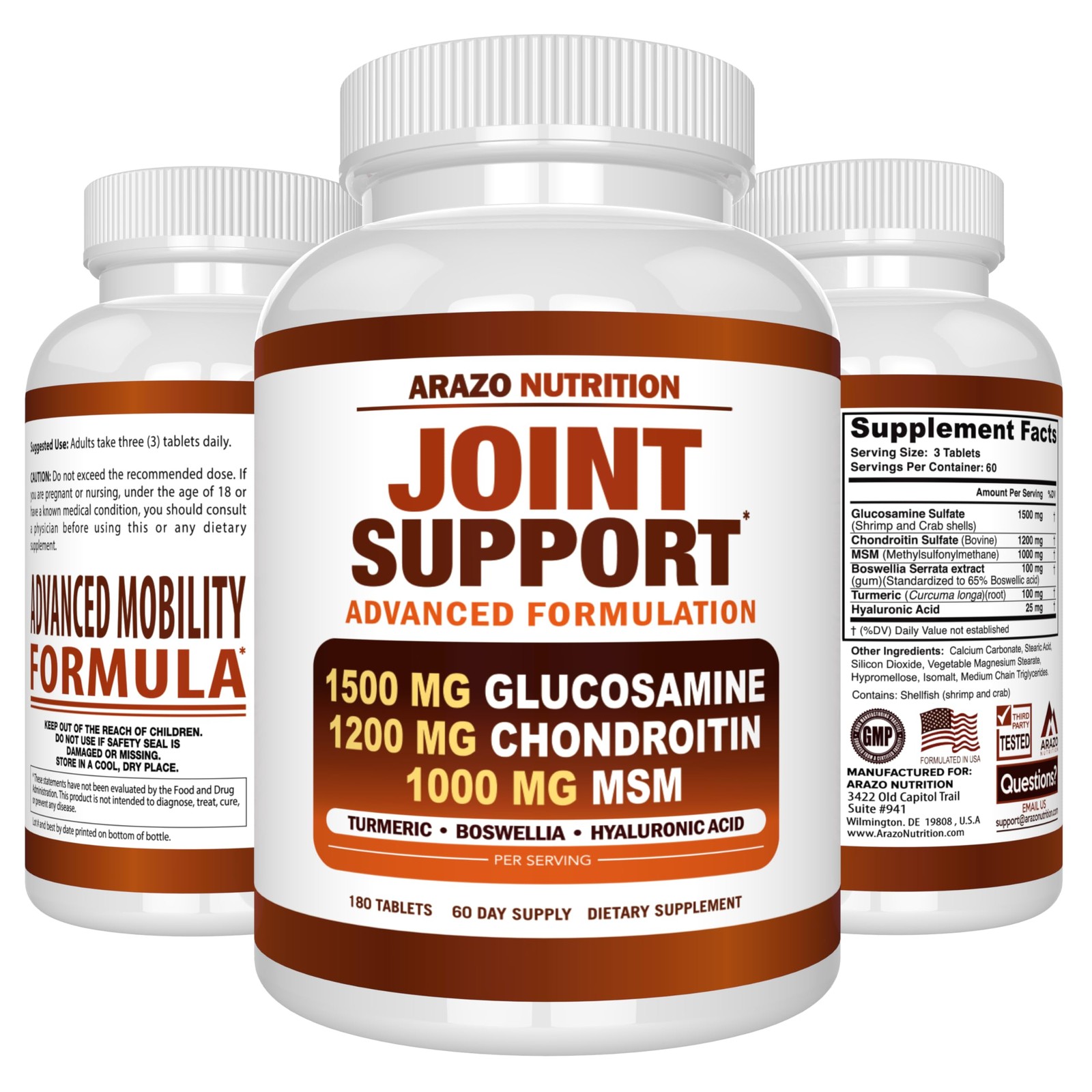 Arazo Nutrition Glucosamine Chondroitin Turmeric 180 Count (Pack of 1), Blue