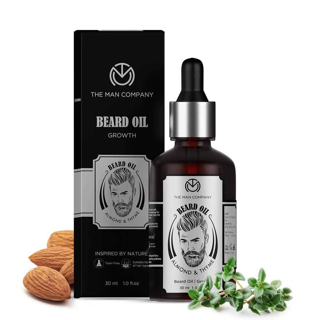 100% Natural Beard Oil with Almond & Thyme – Promote Growth & Shine – 1.1 Oz