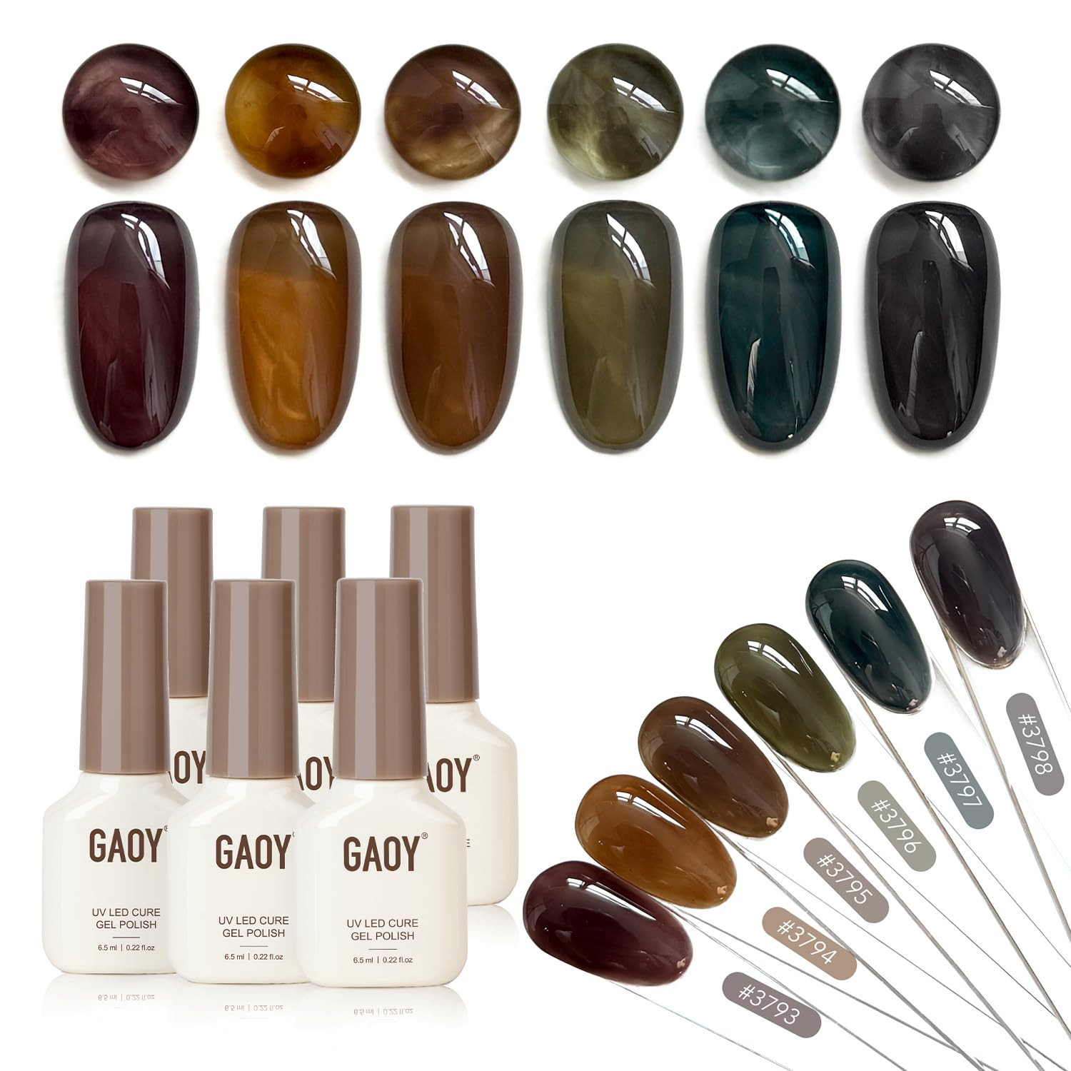 Dark Gel Nail Polish of 6 Milky Jelly Colors Brown Green Black Gel Polish Kit fo