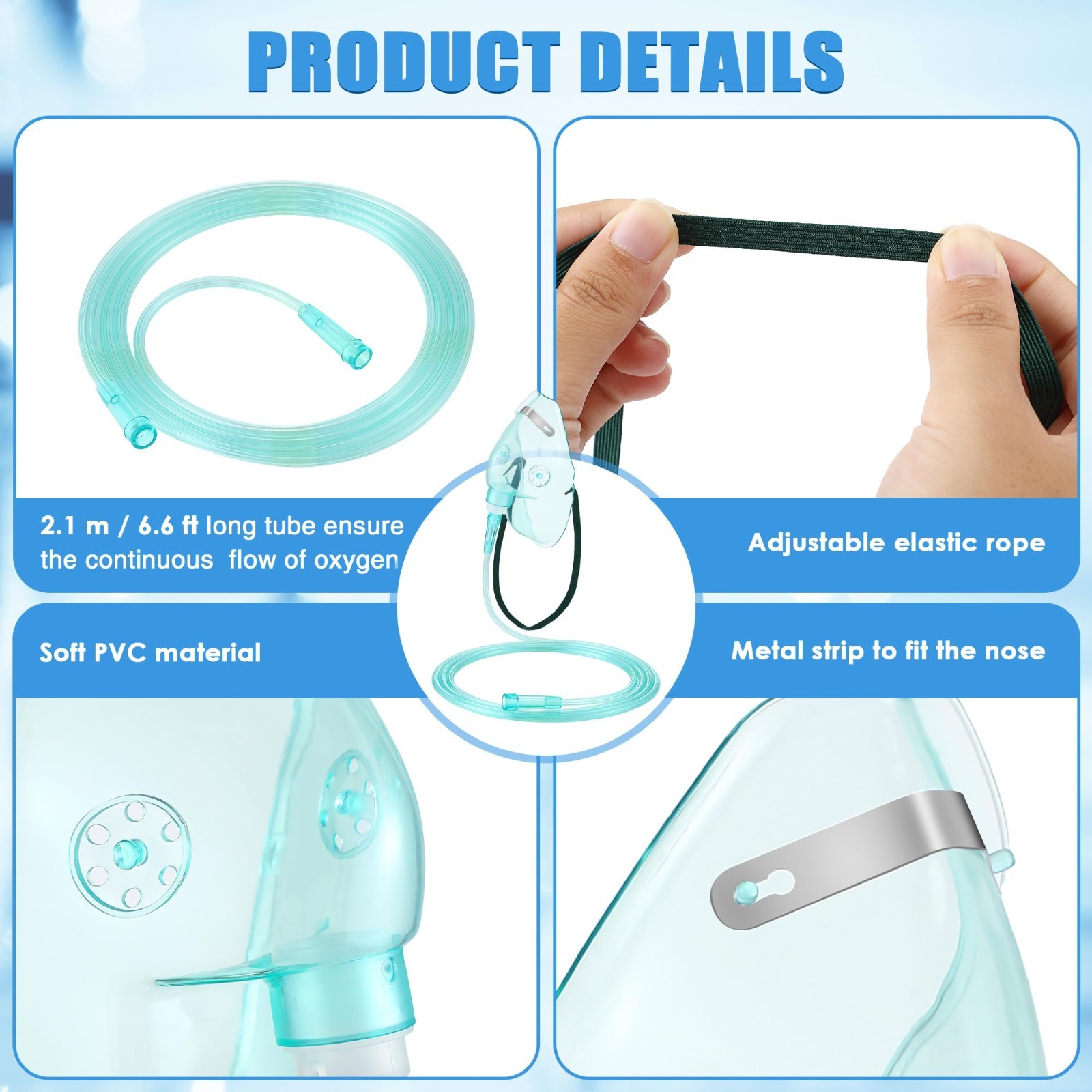 2PCS L Oxygen Mask with 6.6 Ft Tubing and Adjustable Elastic Strap, Adult Oxyge