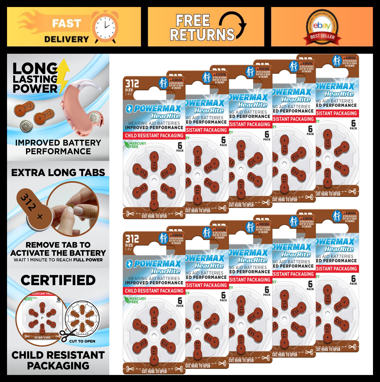 Long-Lasting Size 312 Hearing Aid Batteries 60 Count, Easy Change Brown Tabs
