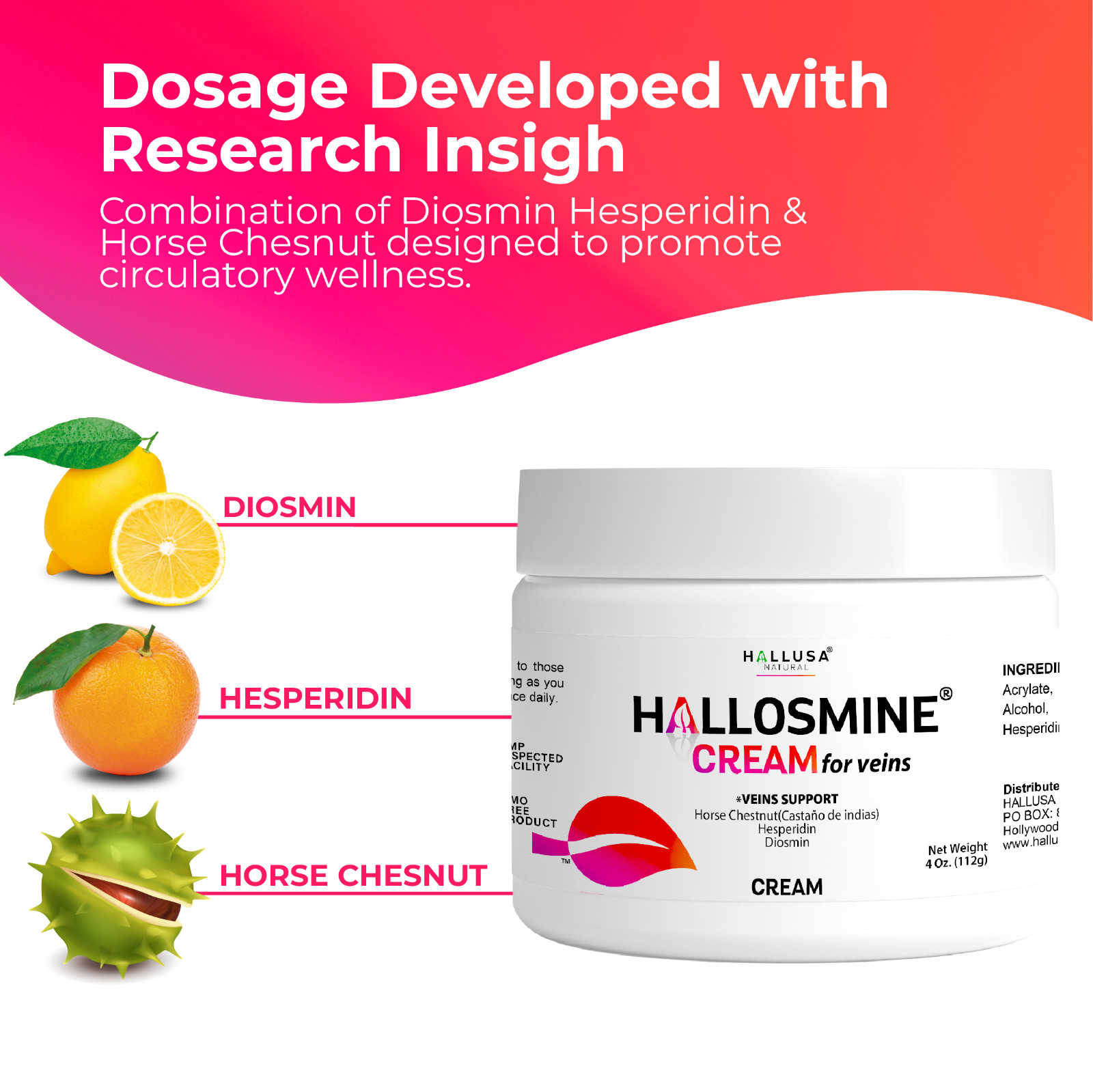 Hallosmine ADVANCE Diosmin 1000mg + FREE Cream for Veins 4 oz – 60 Capsules