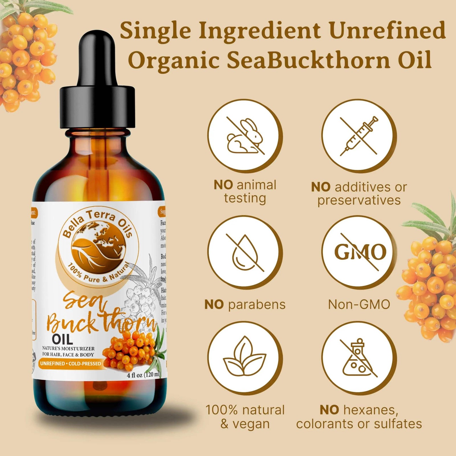 Organic Cold-Pressed Sea Buckthorn Oil 100% Pure Raw Skin Hair Face Anti-Aging
