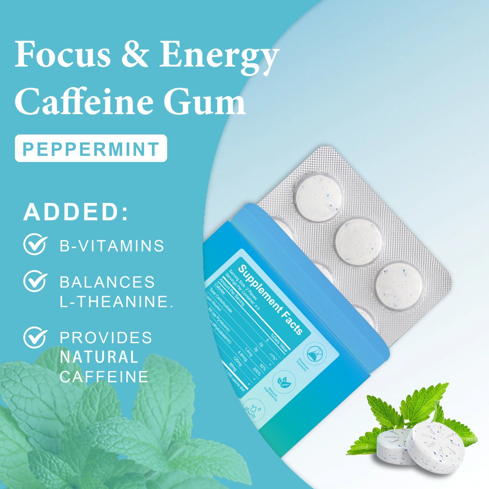 DEZEN Energy Caffeine Gum (54 Pieces) – Sugar Free with L-theanine + Caffeine