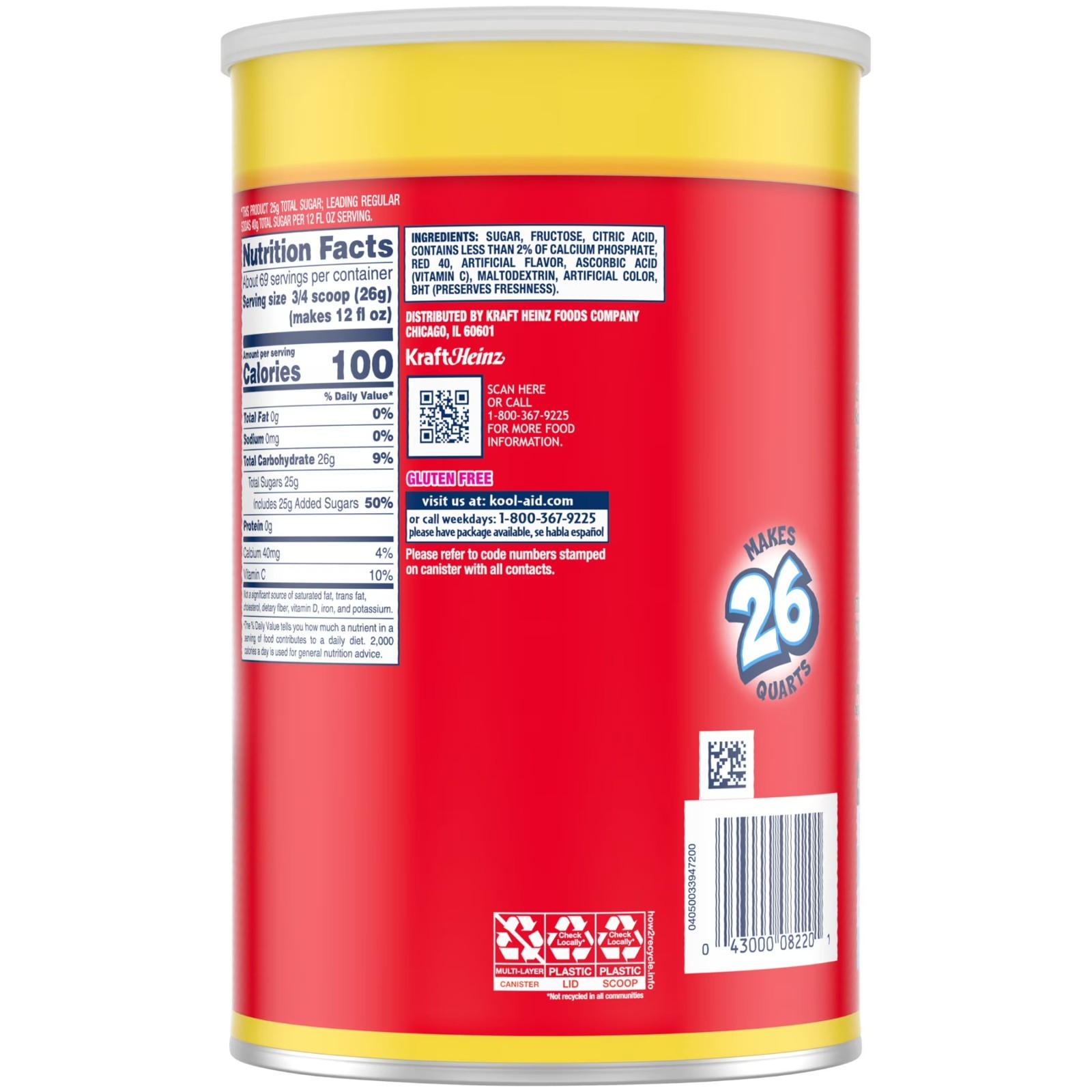 Kool-Aid Cherry Drink Mix Powder Sugar Sweetened Canister 63 oz Makes Many Drink