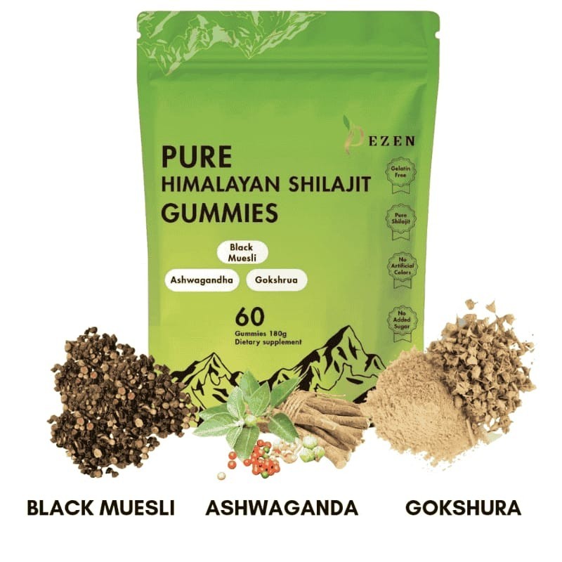 DEZEN Himalayan Shilajit Gummies 3000mg with Ashwagandha 60Pcs Vitality Boost