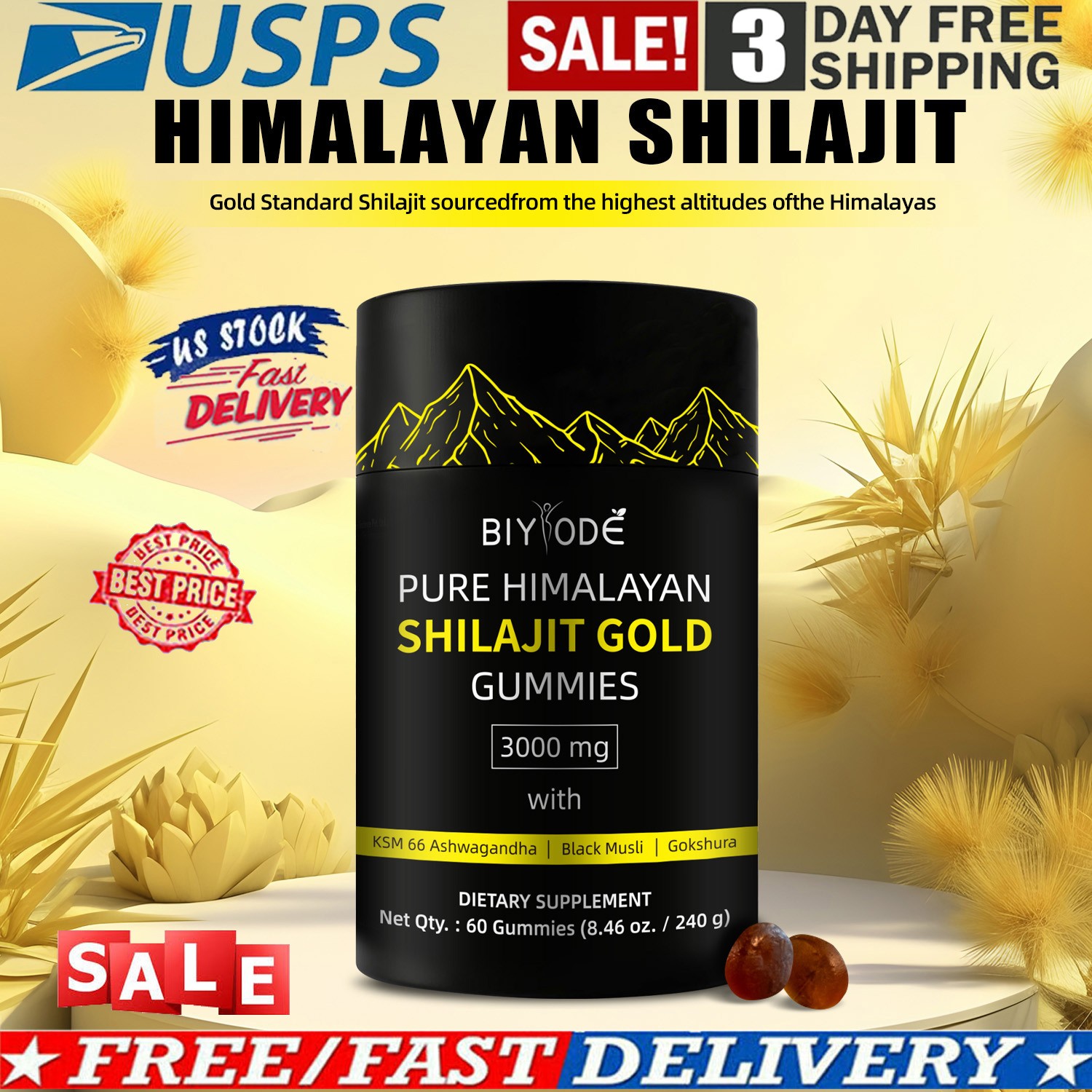 Himalayan Shilajit GOLD Gummies, Organic, Extremely Potent 3000 mg, Fulvic Acid