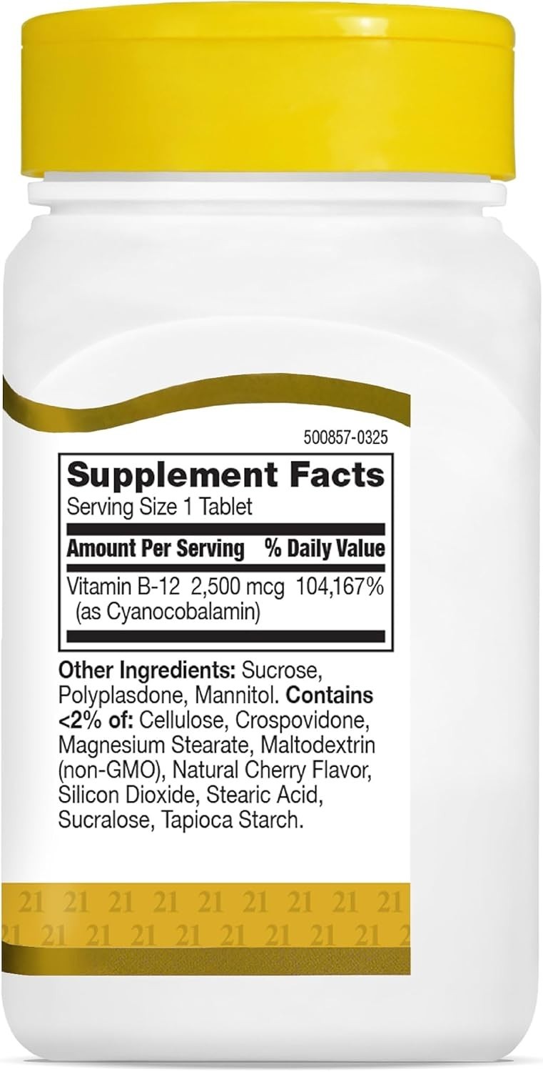 Cherry Flavor B-12 2500 mcg Tablets – Quick Dissolve for Natural Energy, 110 Ct