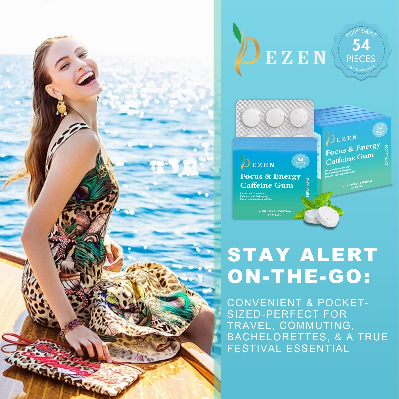 DEZEN Energy Caffeine Gum (54 Pieces) – Sugar Free with L-theanine + Caffeine