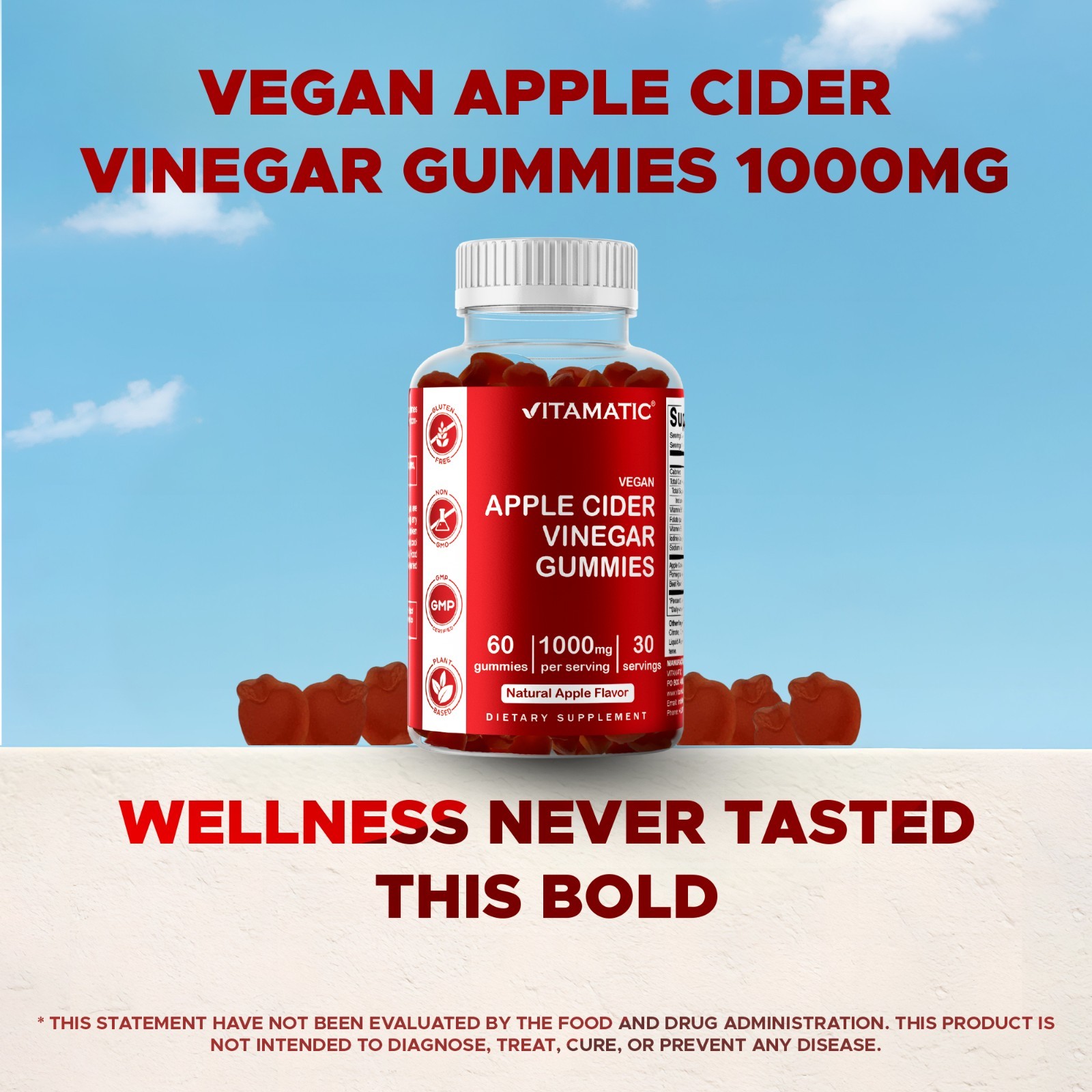 2 Pack Vitamatic Apple Cider Vinegar Gummies 1000mg per Serving – 60 Veg Gummies