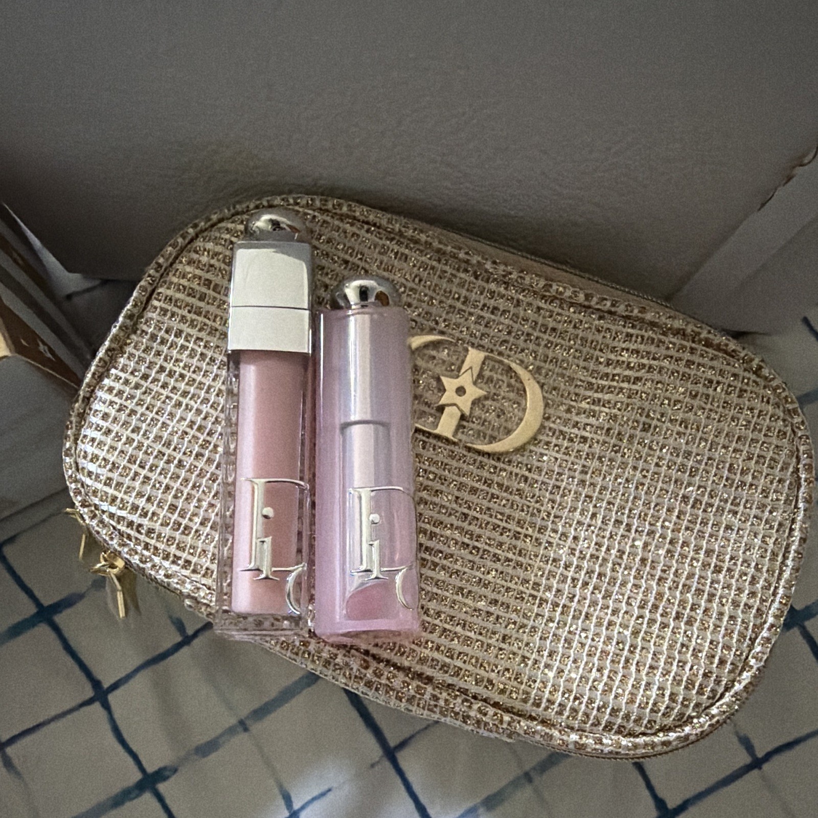 Christian Dior Makeup Gift Set Gold Cosmetic Bag Pouch with Pink Lip Gloss