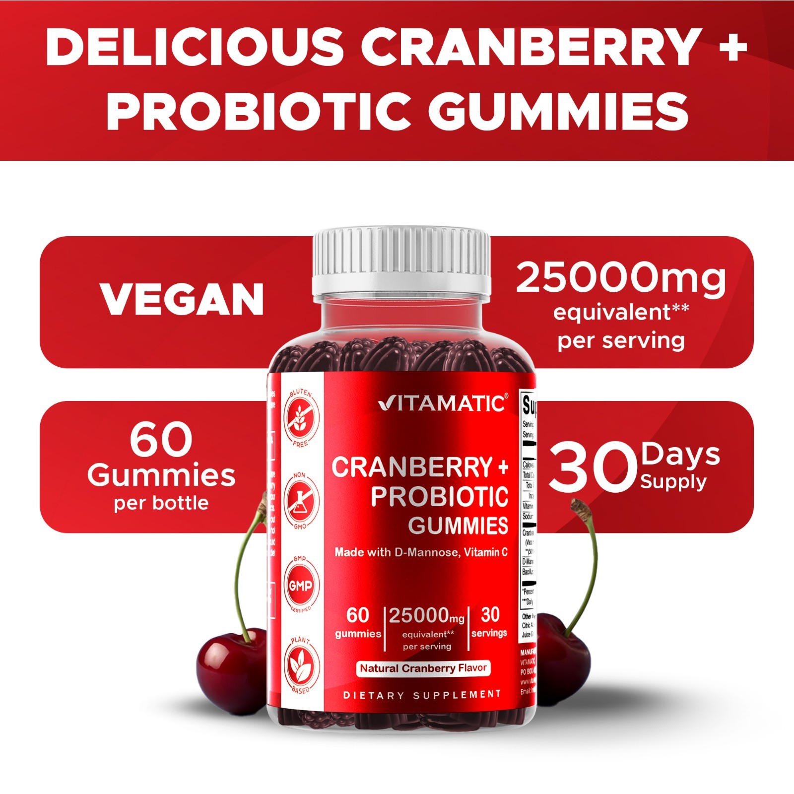 2 Pack – Vitamatic Vegan Cranberry Gummies, 1000mg per Serving 60 Count