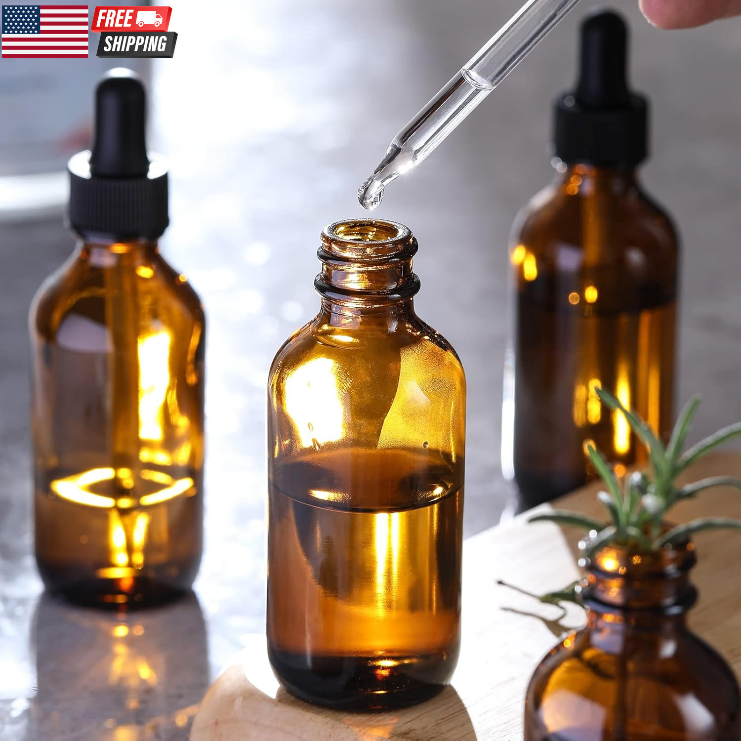 4 Pack, 1 Oz Thick Dark Amber Glass Dropper Bottles with 1 Funnels & 4 Labels –