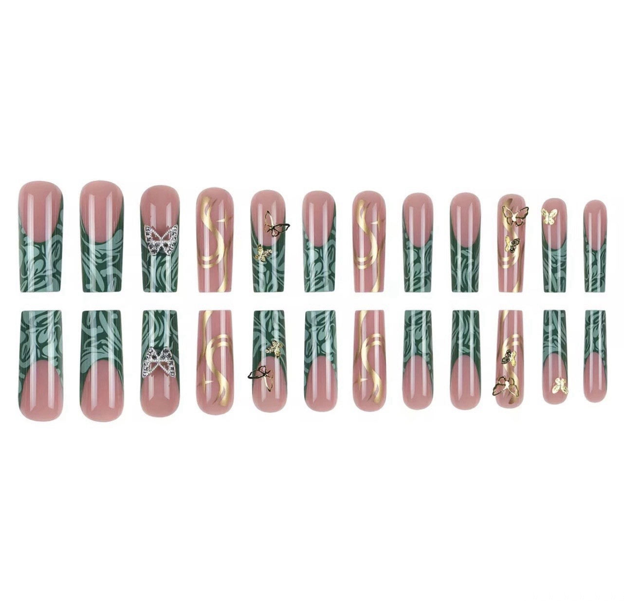 Long Square Press-On Nails Green Pink Gold 3D Butterfly Self-Adhesive Set