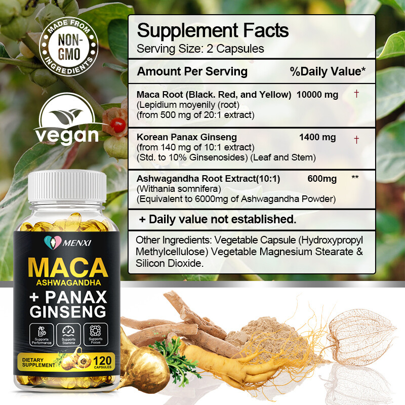 Organic Maca Root + Panax Ginseng 11400mg, Peruvian Maca Extract for Men & Women