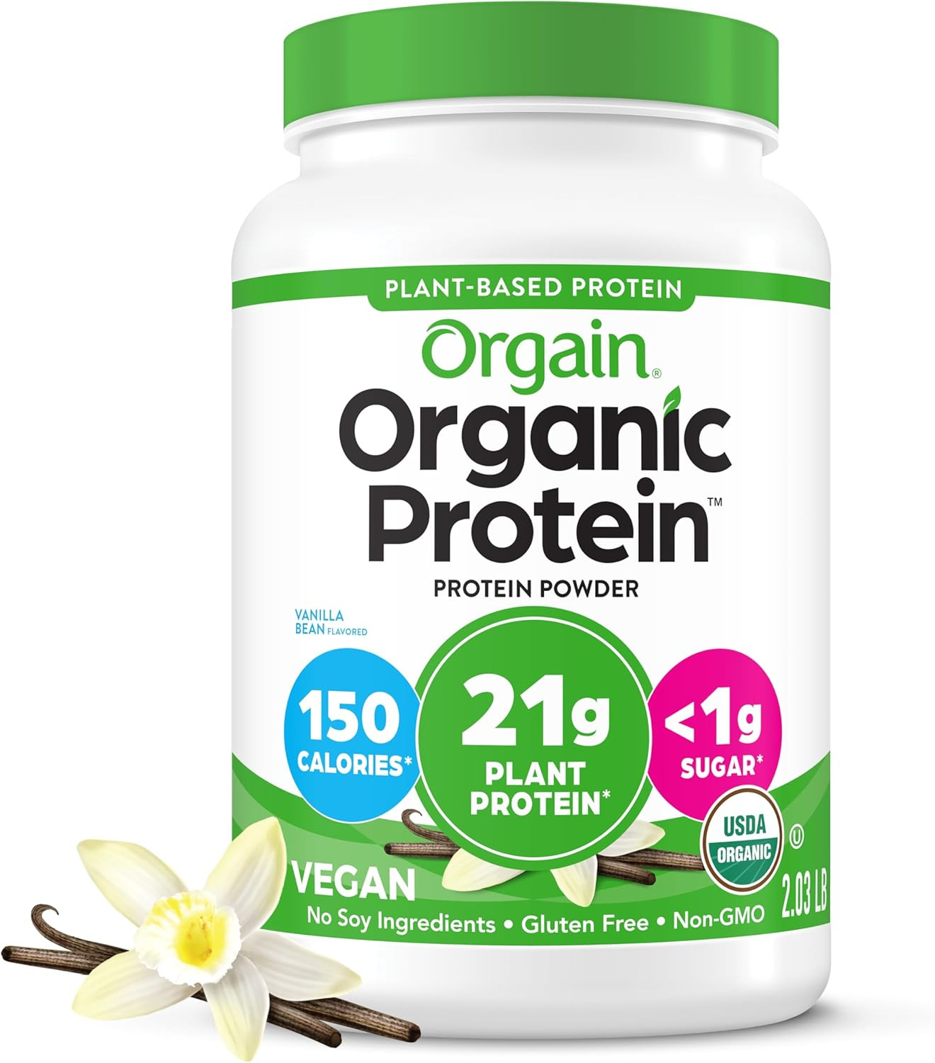 Orgain Organic Vegan Protein Powder, Vanilla Bean – 21G Plant Protein, 6G Prebio