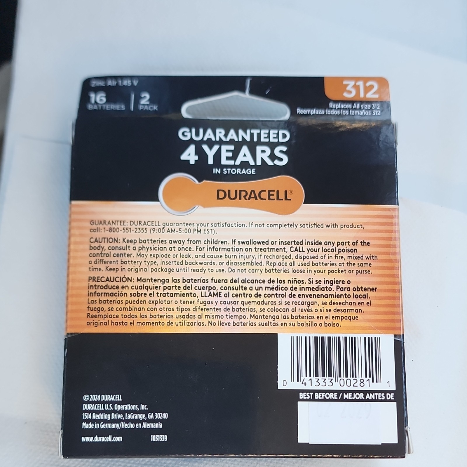 Duracell Size 312 Hearing Aid Batteries Zinc-Air 1.45V 16 Count 2 Pack