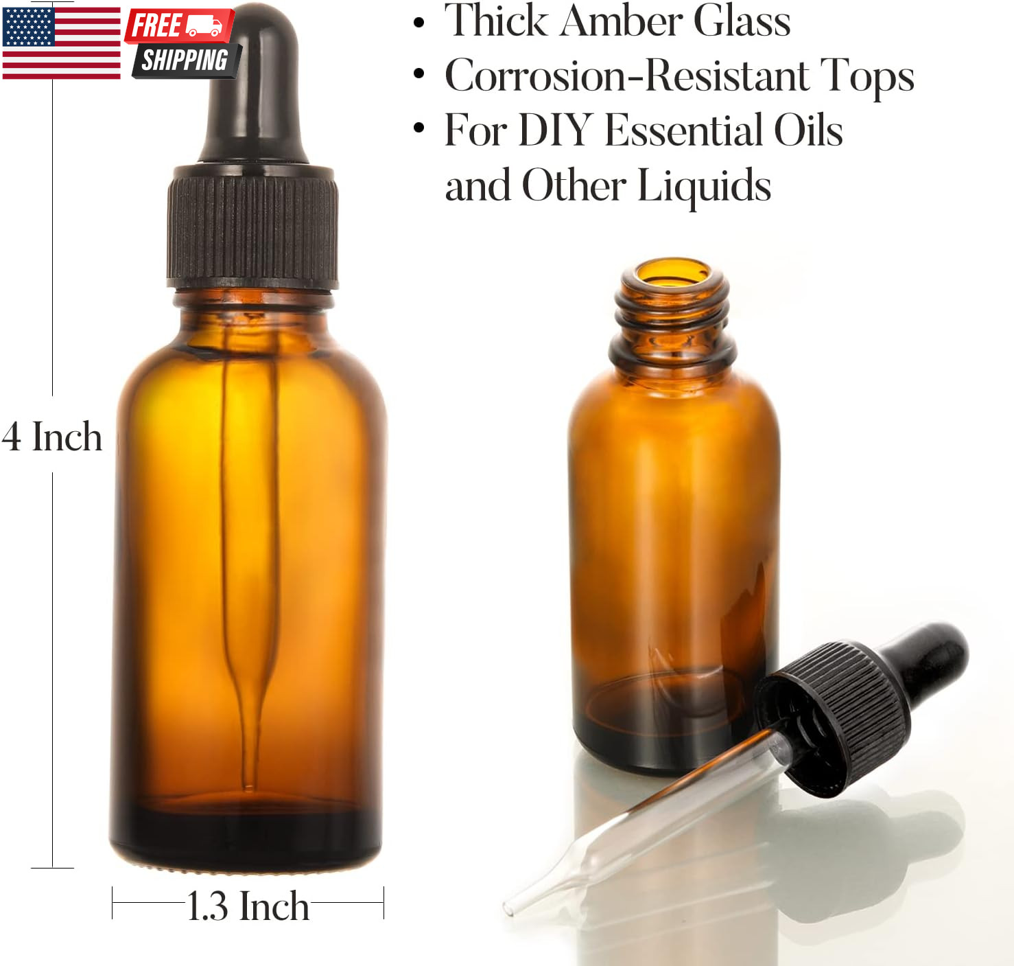 4 Pack, 1 Oz Thick Dark Amber Glass Dropper Bottles with 1 Funnels & 4 Labels –