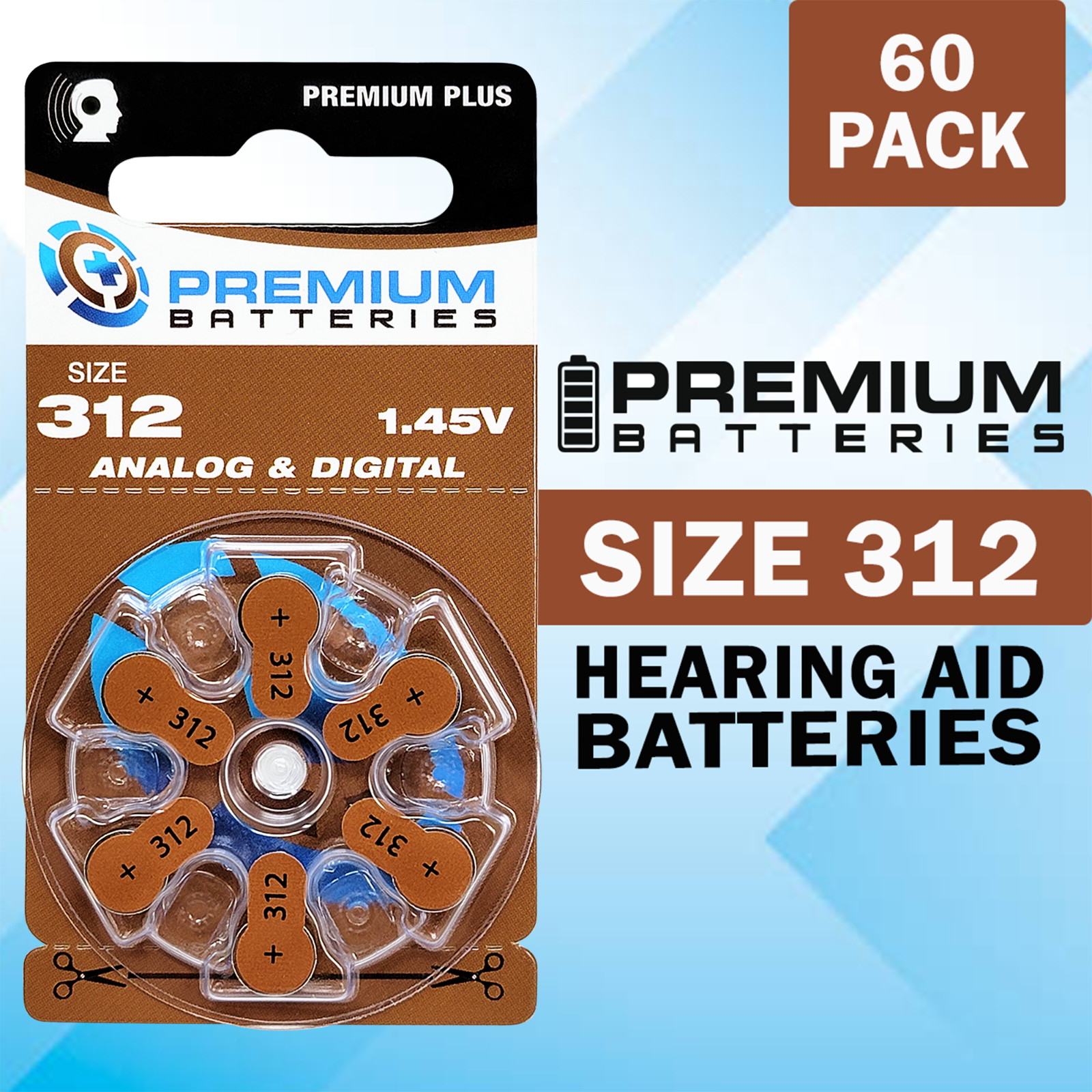Premium Plus Size 312 PR41 p312 ZA312 1.45V Hearing Aid Batteries (60 Pack)