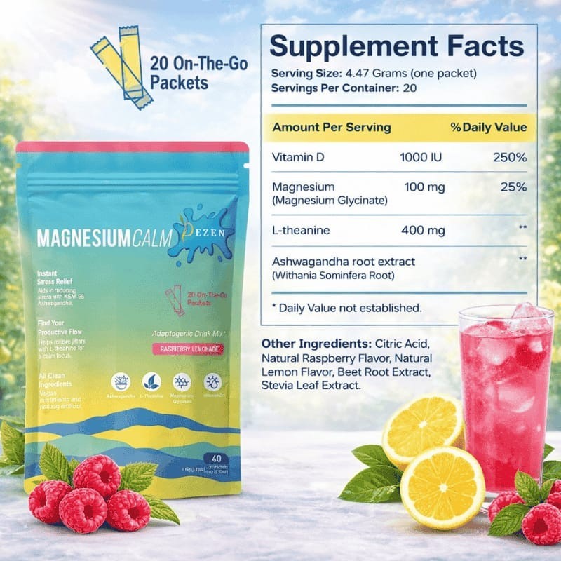 DEZEN Super Calm Magnesium Powder Drink Mix Raspberry Lemonade Flavor