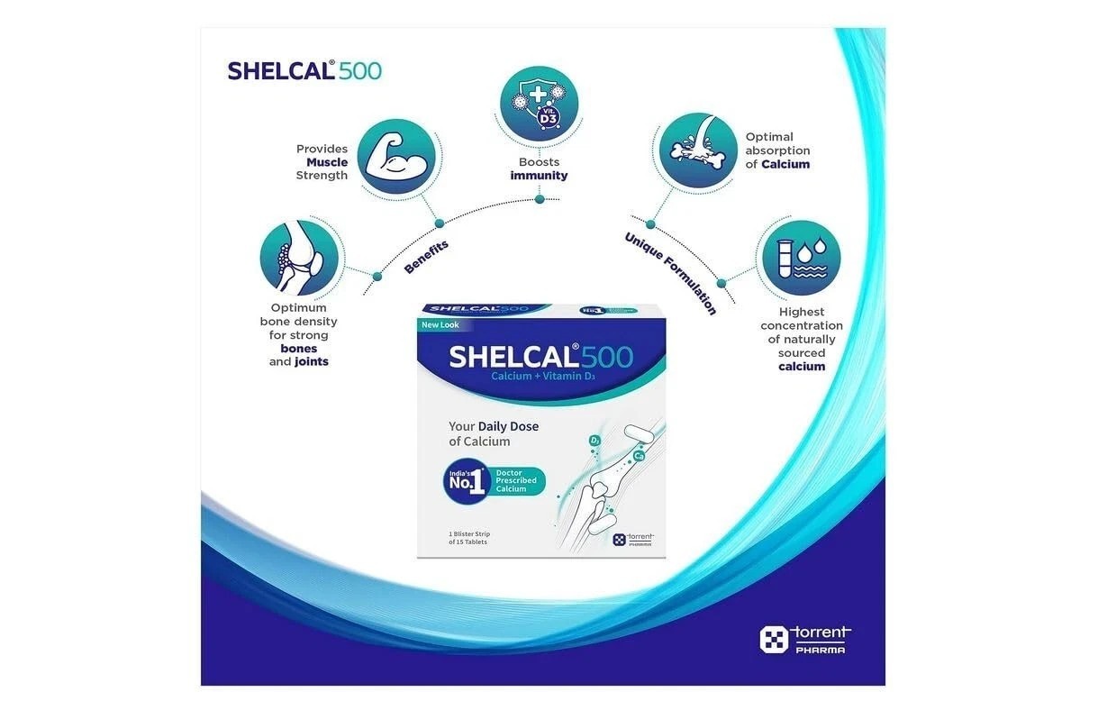 Shelcal 500 Calcium+Vitamin D3 Tablet For Bones, Joints & Muscles Care (60 Tabs)