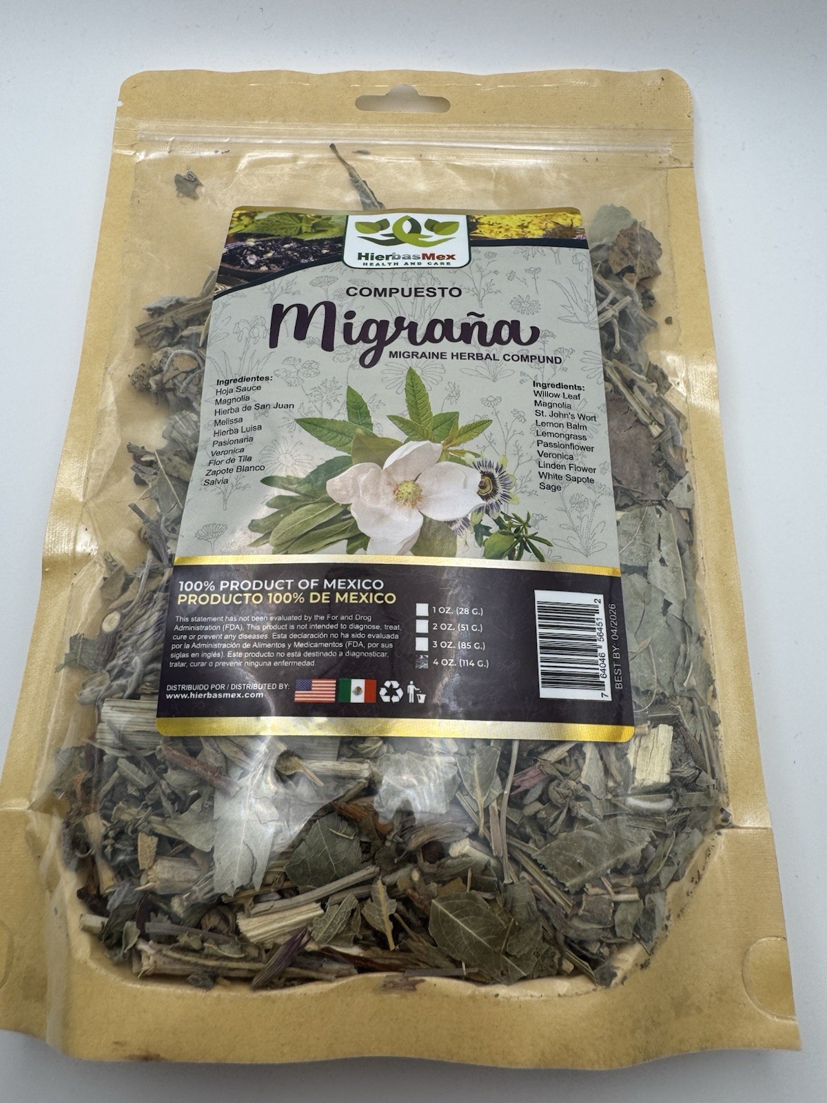 HierbasMex Compuesto Migraña Loose Leaf Herbal Blend 4 oz, Mexico, Willow