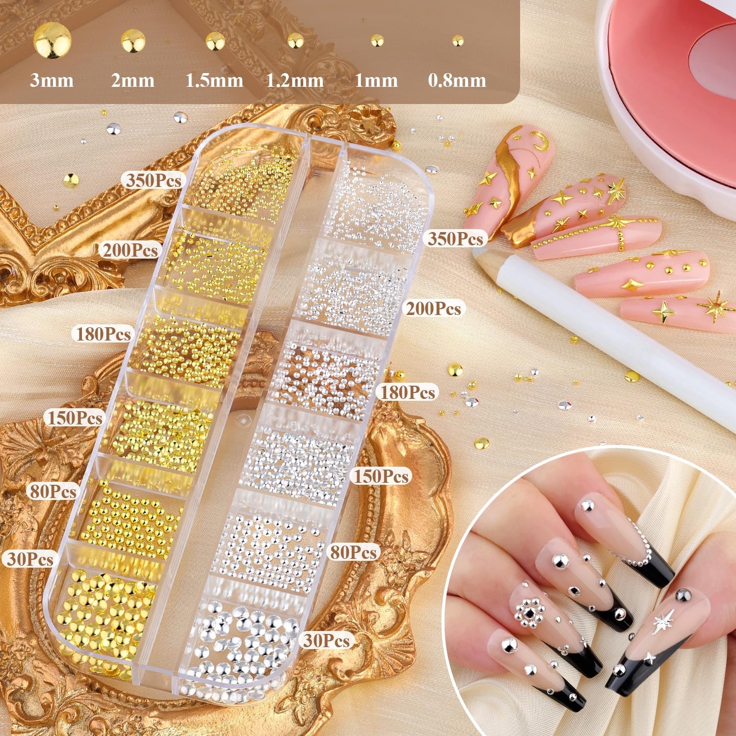 2640Pcs 3D Nail Charms Gold Silver Star Gems Rhinestones Set