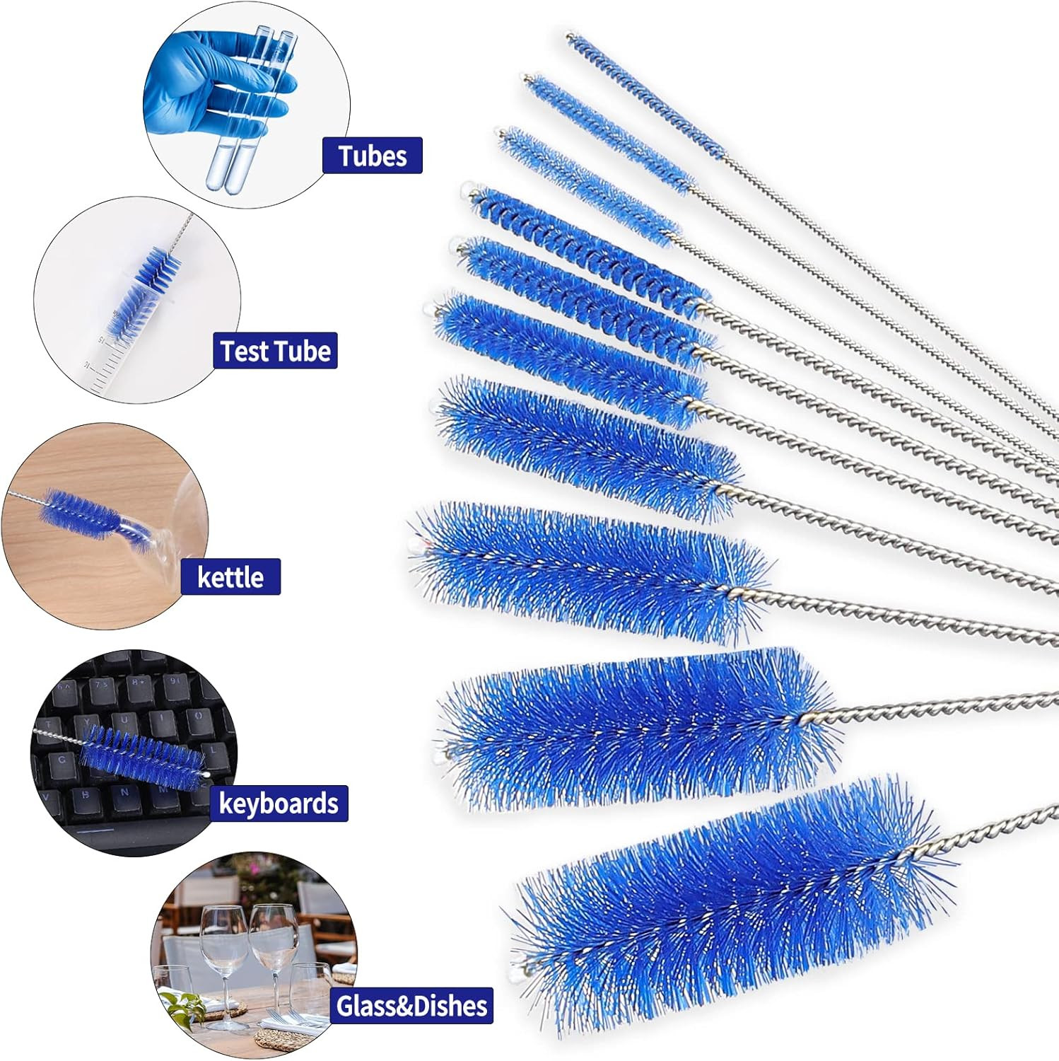 10-Pack Tube Cleaning Brush Set Nylon Bristles Stainless Steel Bottle Pipe Tool