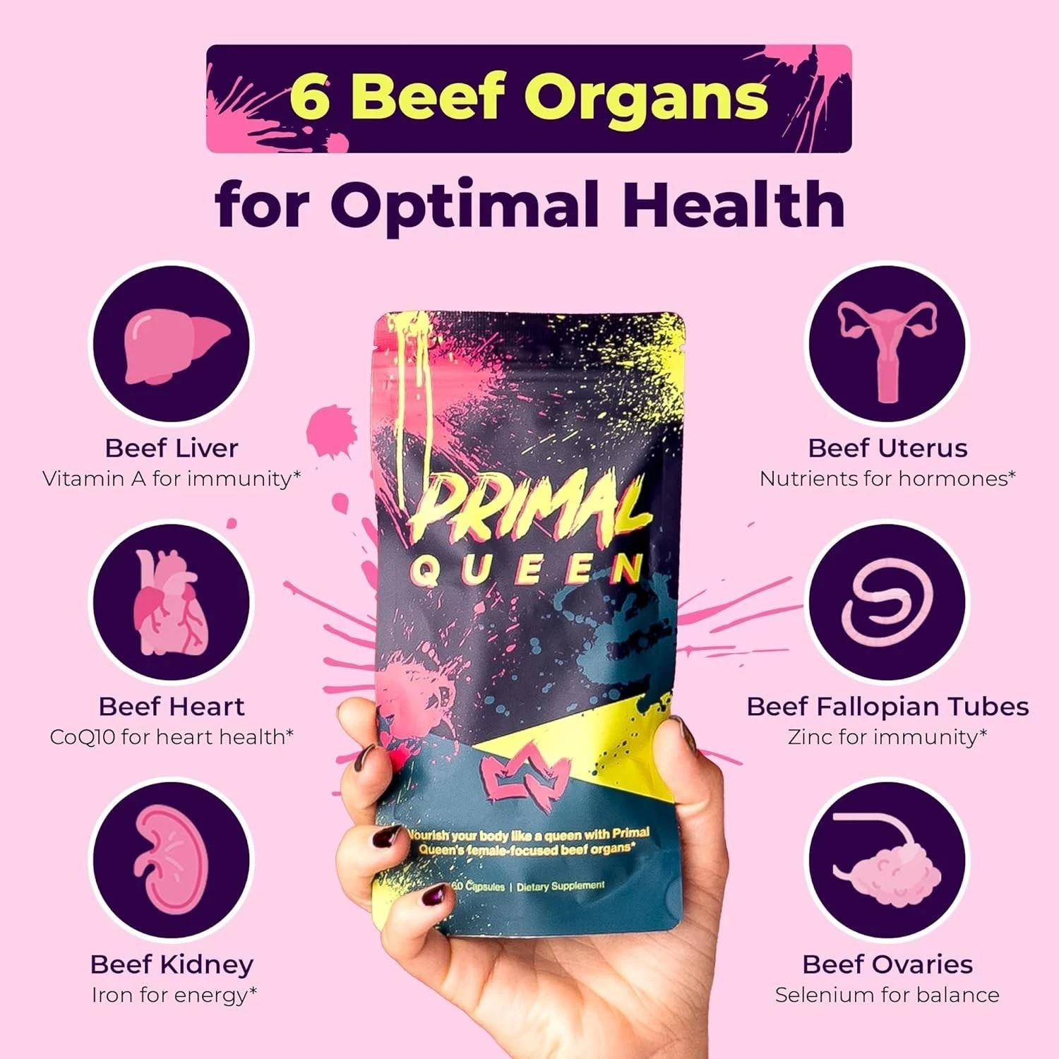Primal Queen Female Organ Supplement – 2-Pack – Grass-Fed Beef Liver, Heart, Kid