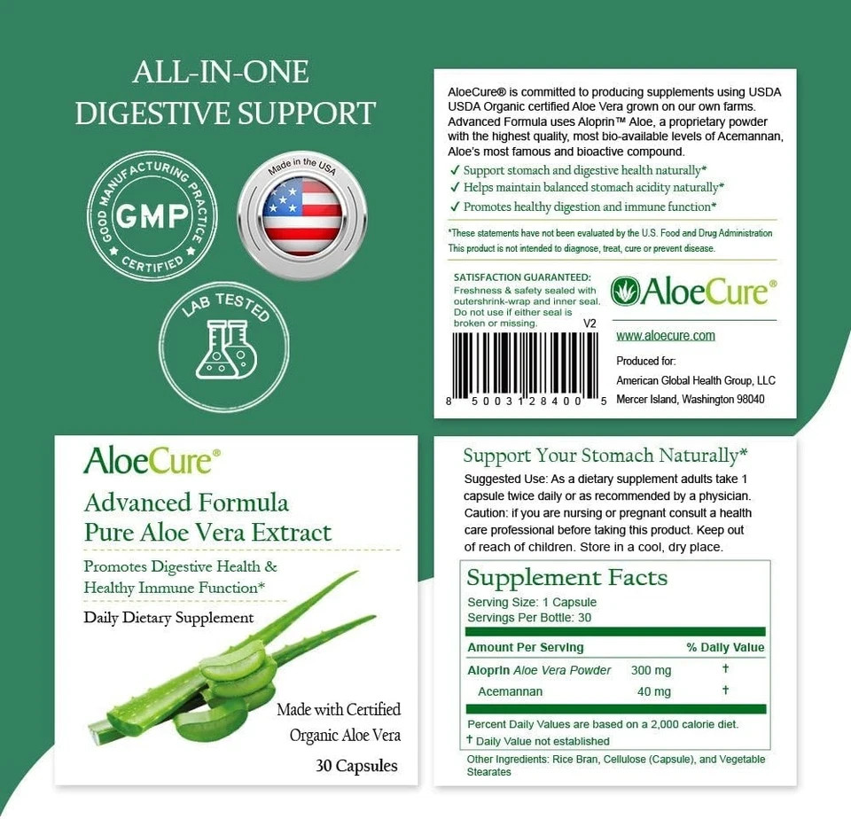 4 Bottles AloeCure Organic Aloe Vera Capsules, 130,000mg Inner (4×30 Capsules)
