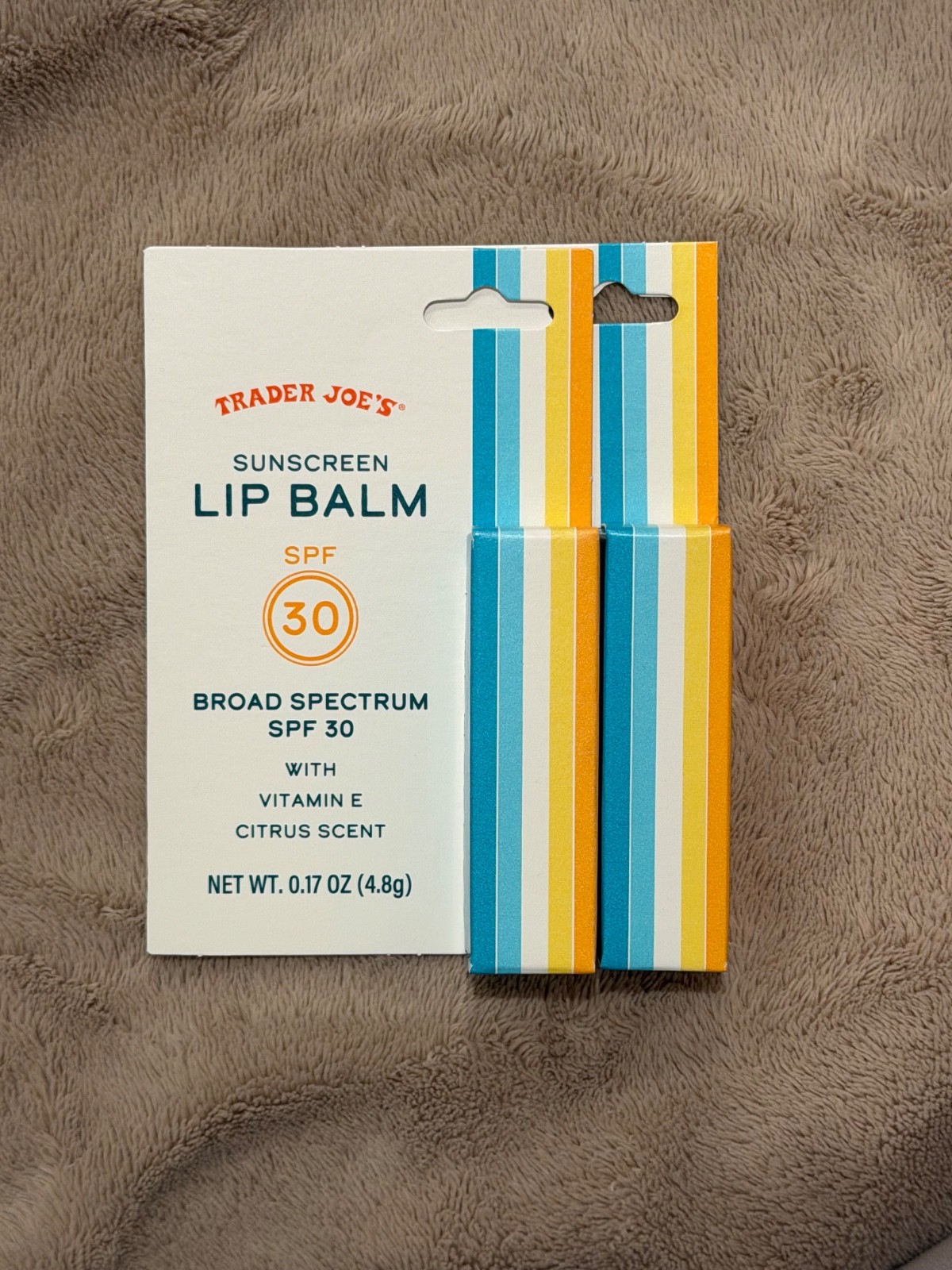 2pcs Trader Joe’s SUNSCREEN LIP BALM Broad Spectrum SPF30 Vitamin E Citrus Scent