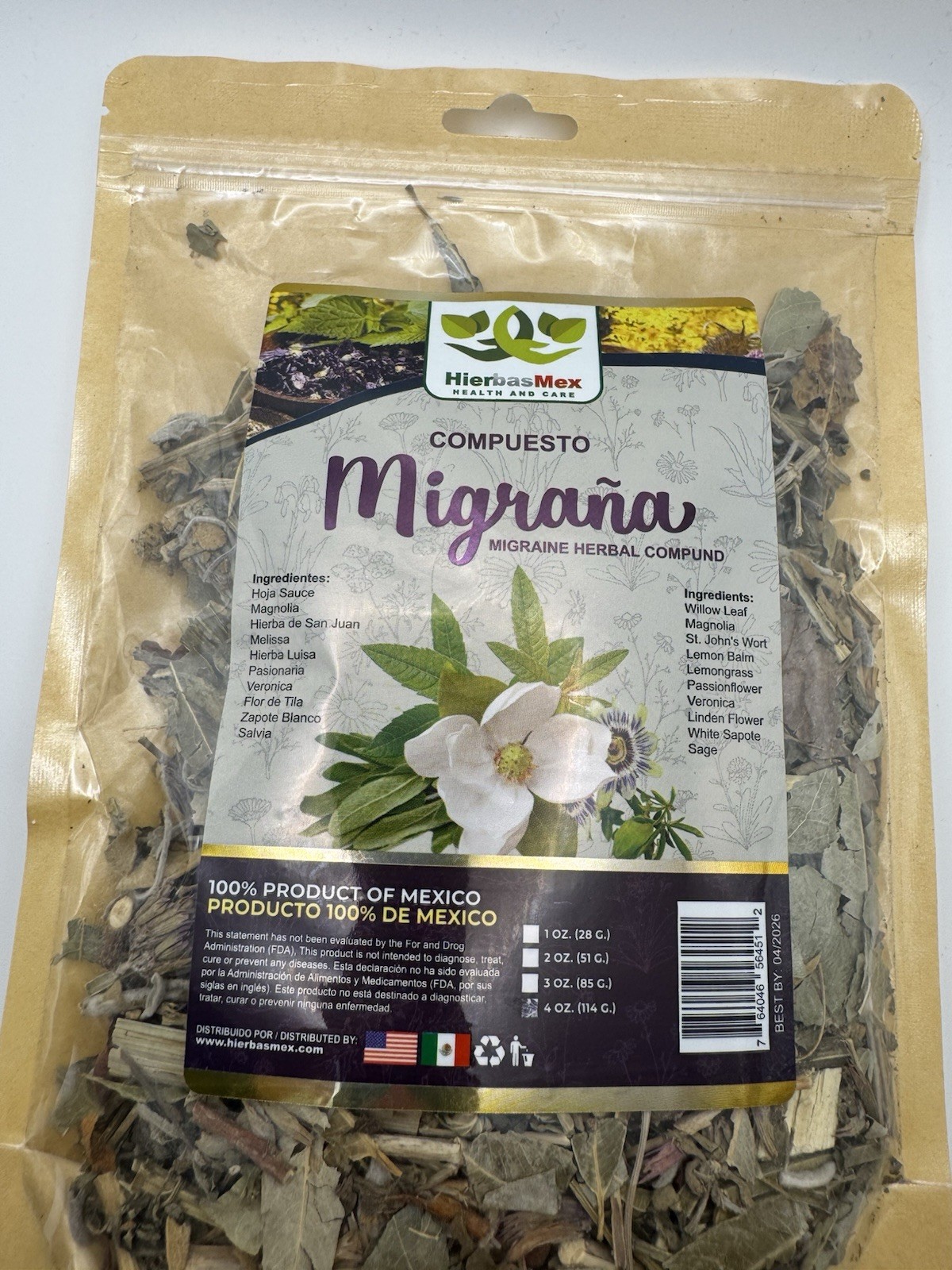 HierbasMex Compuesto Migraña Loose Leaf Herbal Blend 4 oz, Mexico, Willow